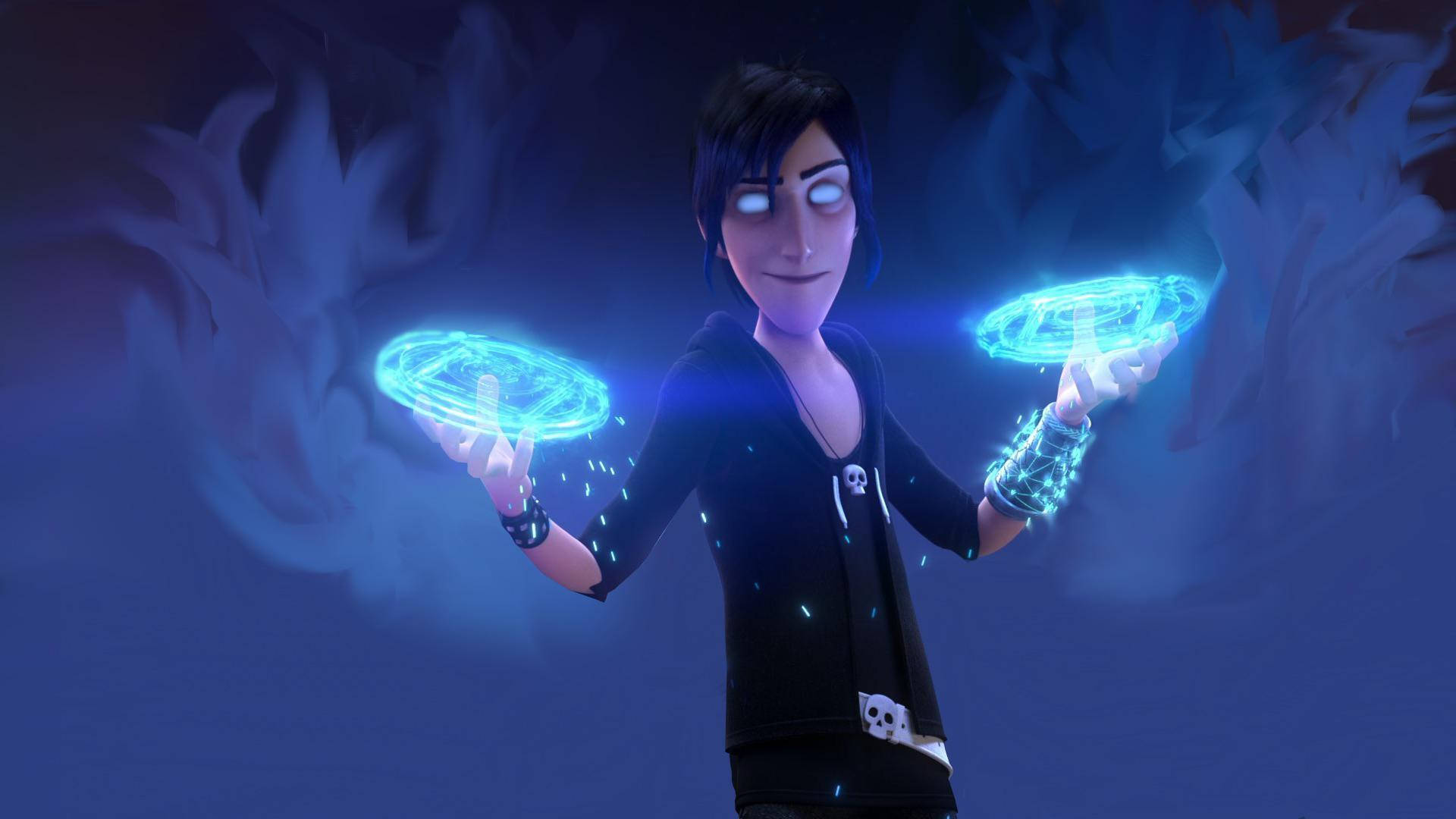 trollhunters tales of arcadia 桌布 壁紙 — 一個年輕動畫角色，雙手各持一個發光的藍色能量圓盤，背景是黑暗旋轉的環境。