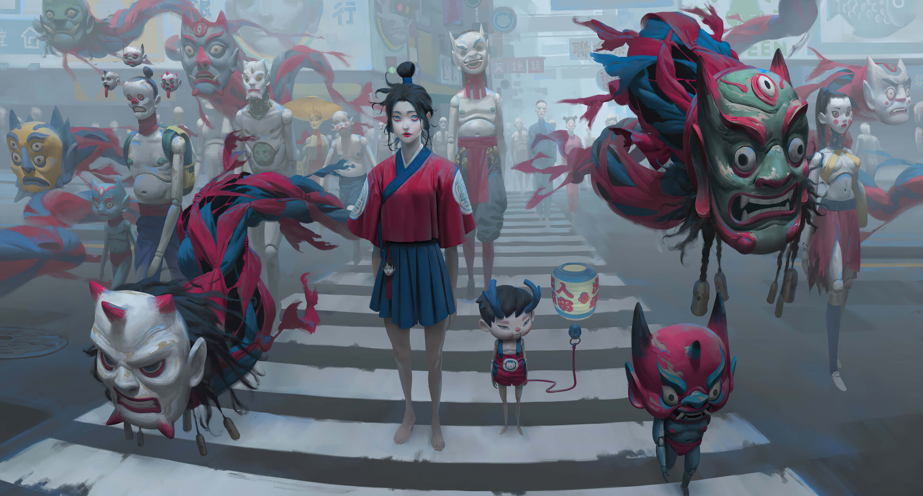 Yokai 桌布 壁紙 — 一個年輕女孩和一個小孩冷靜地站在行人穿越道上，鬼魅般的日本鬼面具在霧氣瀰漫的城市街道上圍繞他們旋轉。