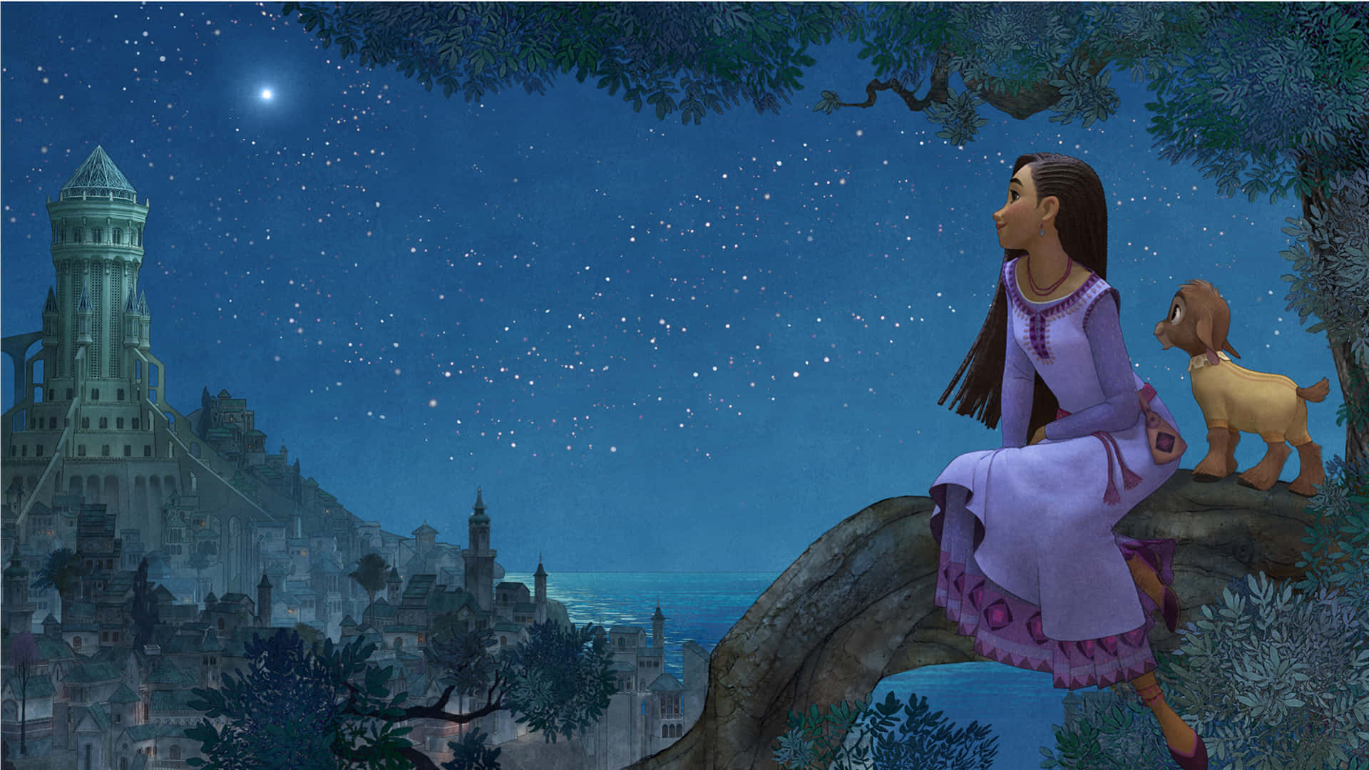 Disney 3d Movies 桌布 壁紙 — 一個年輕女孩和她的狗在夜晚坐在懸崖頂上，凝視著一座擁有高塔的海岸城市上空的星空。