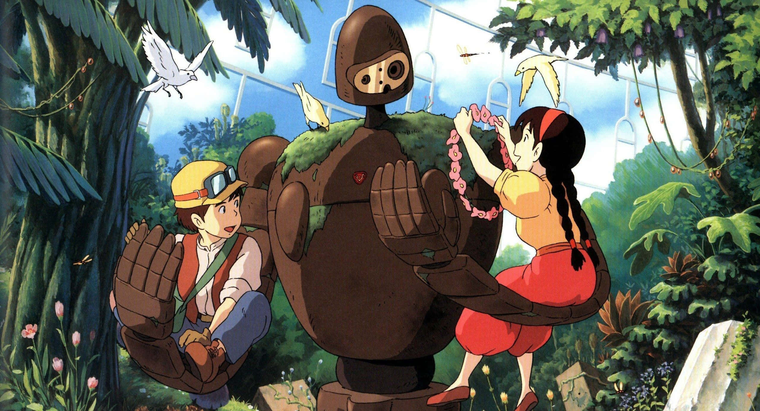 Hayao Miyazaki Movies 桌布 壁紙 — 一個年輕女孩和男孩在茂密的綠色森林中，在明亮的藍天下，與一個長滿苔蘚的機器人溫柔互動。