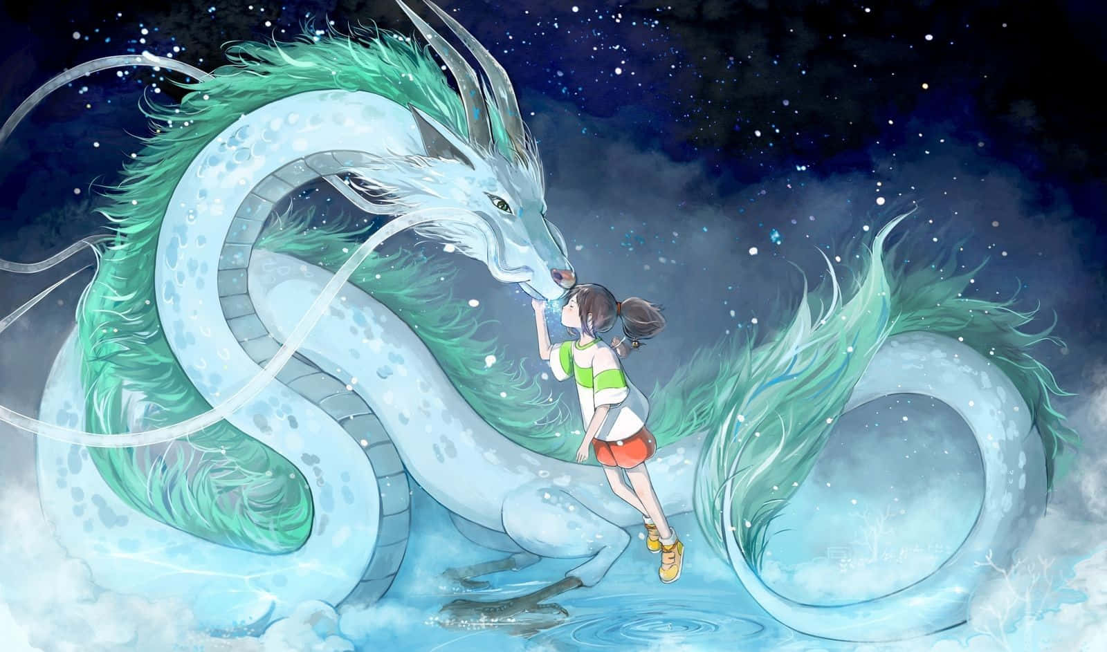 藝術 桌布 壁紙 — 一個年輕女孩在星空和霧雲中輕輕觸摸一隻雄偉的發光藍綠色龍的鼻子。