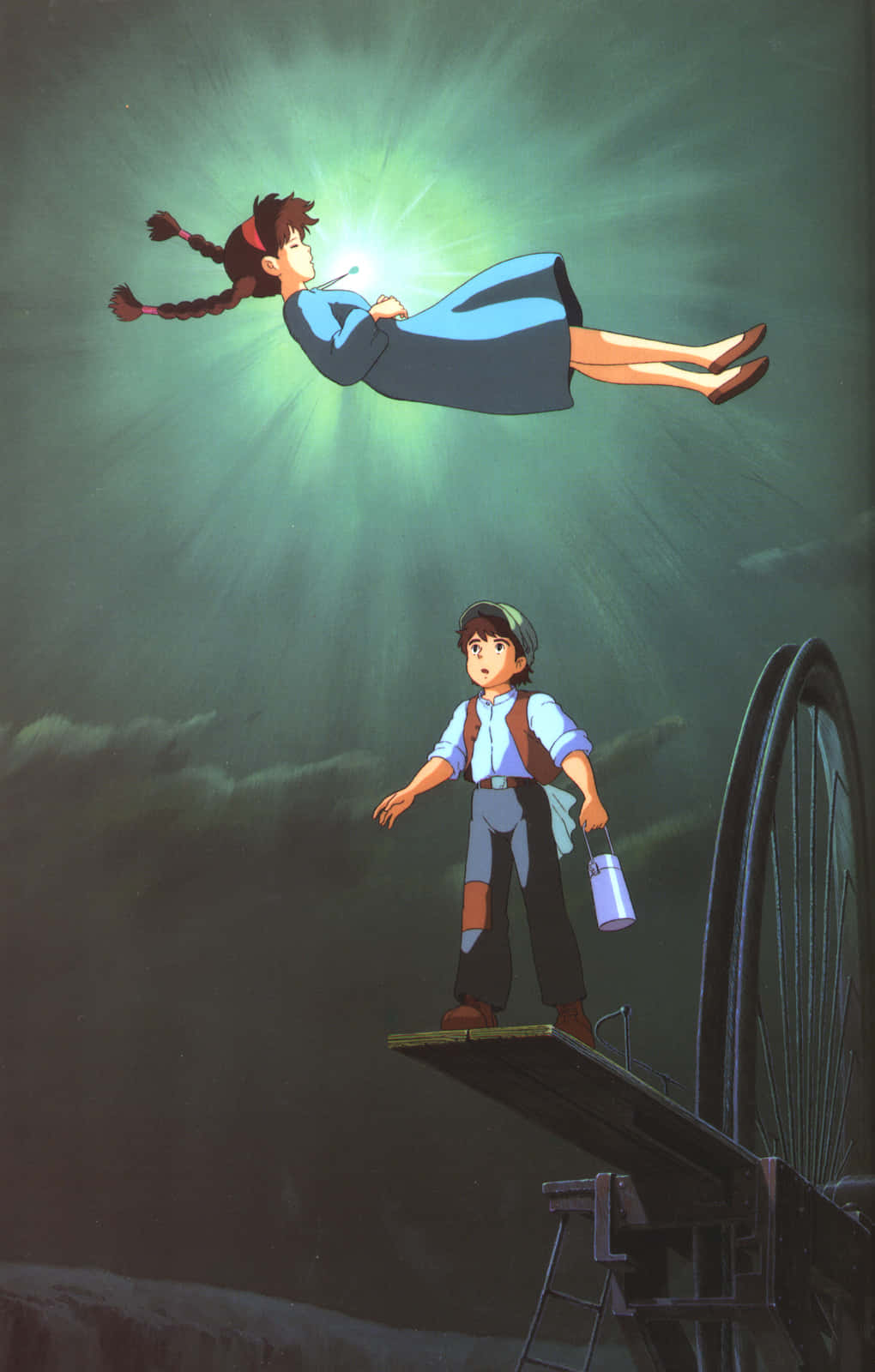 Laputa Castle In The Sky 桌布 壁紙 — 一個年輕女孩在發光的綠光中向上漂浮，而一個男孩站在下面的平台上提著燈籠。