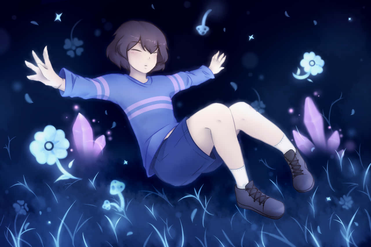 Undertale Desktop 桌布 壁紙 — 一個年輕女孩在魔法般的夜空中，漂浮在發光的藍色花朵和水晶之間，寧靜祥和。