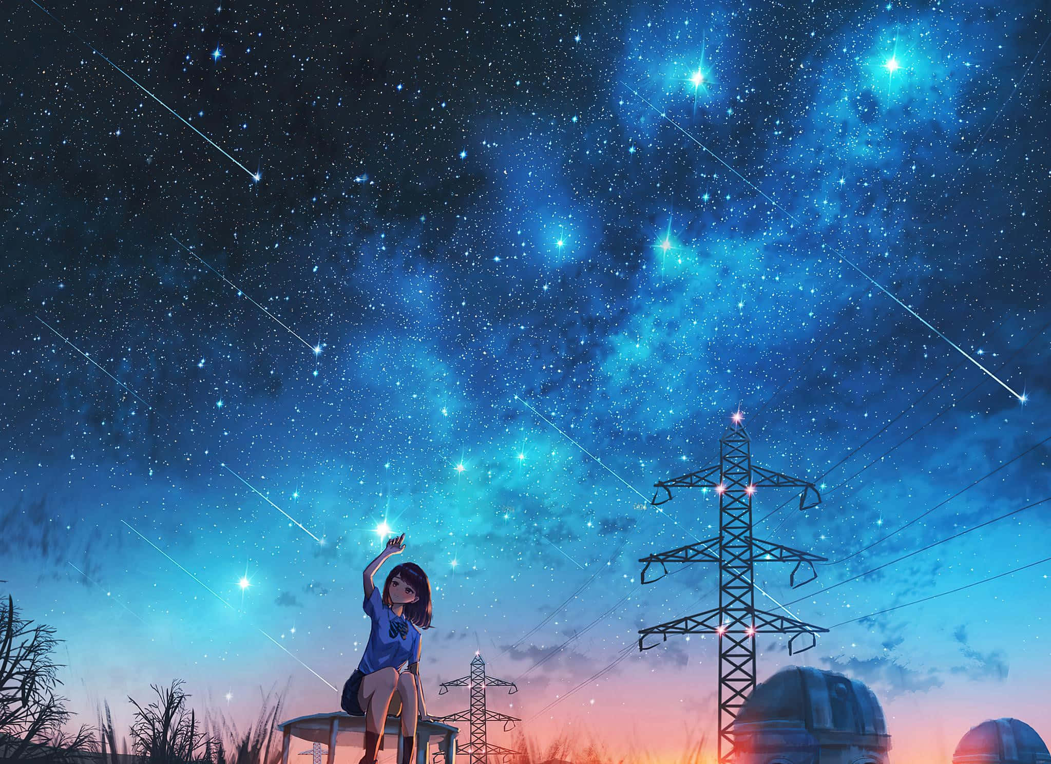 Stars 桌布 壁紙 — 一個年輕女孩坐在凳子上，頭頂是充滿流星和發光星雲的 vibrant 星空，電線延伸至宇宙地平線。