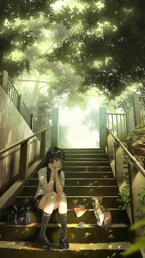 Anime Girl Aesthetic 桌布 壁紙 — 一個年輕女孩坐在戶外樓梯上，旁邊有一隻貓，沐浴在透過茂密綠樹篩落的柔和斑駁陽光中。