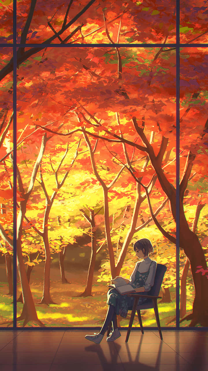 Orange Aesthetic Phone 桌布 壁紙 — 一個年輕女孩坐在椅子上看書，同時透過大窗戶凝視著沐浴在金色陽光下的 vibrant 秋日森林。