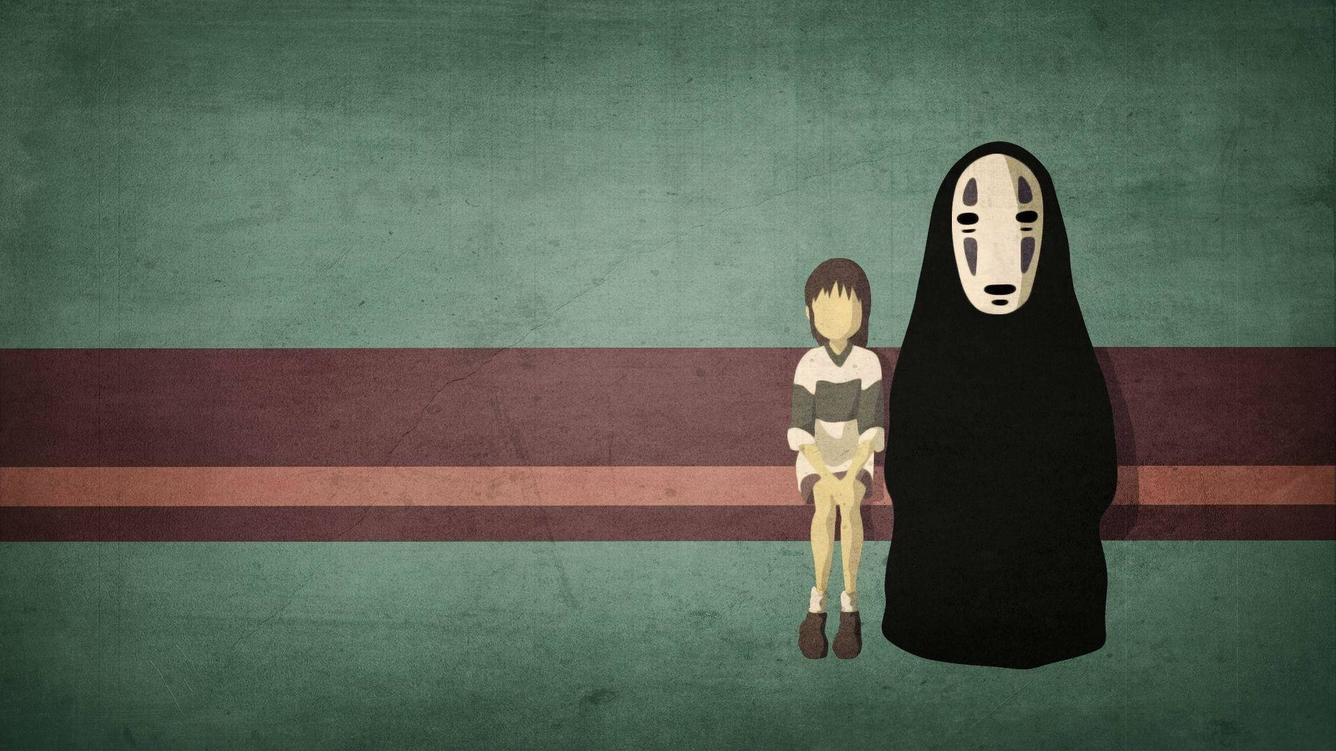 No Face 桌布 壁紙 — 一個年輕女孩坐在沉默的無臉男旁邊，背景是帶有紋理的綠色和栗色條紋。