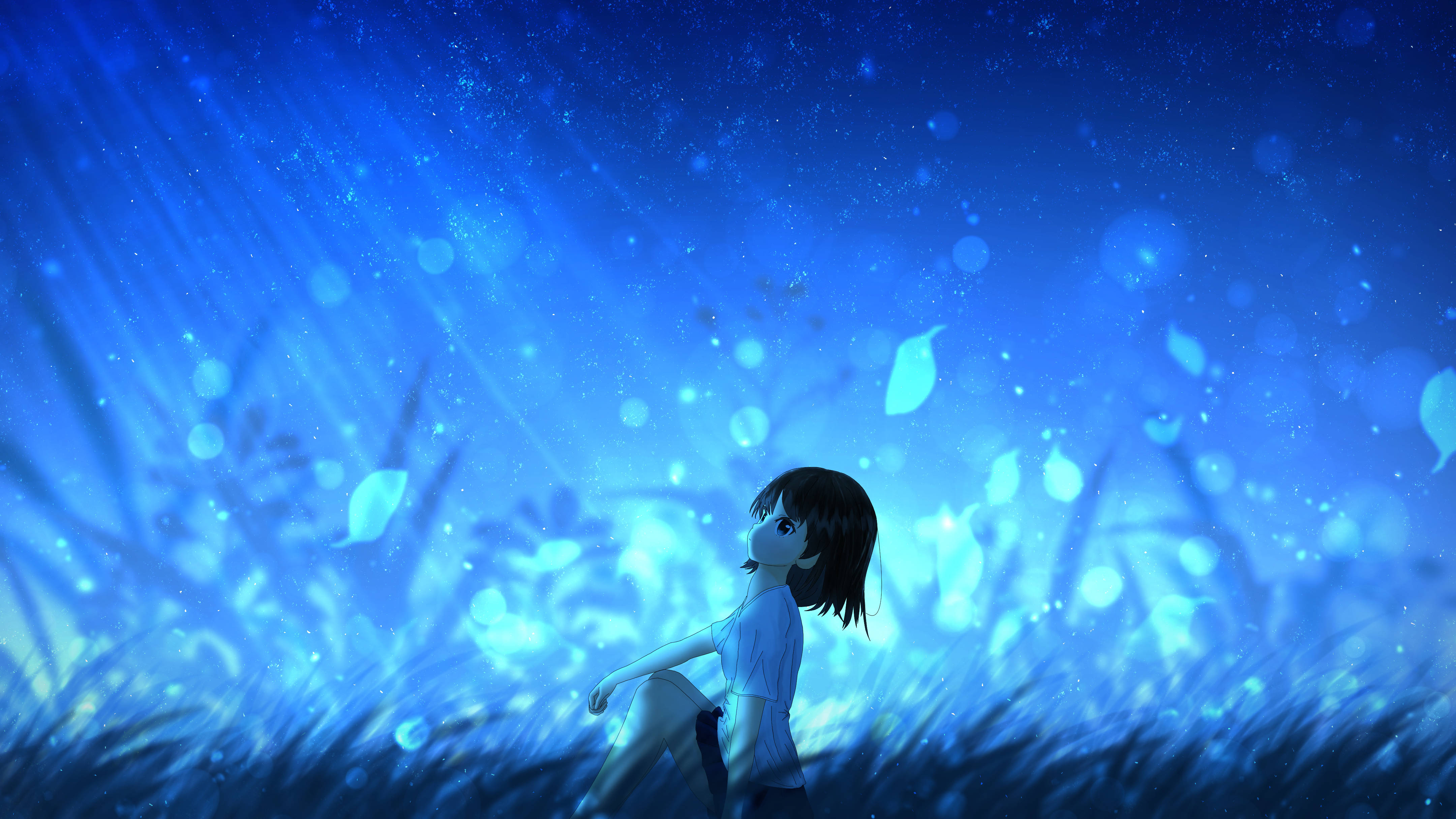 Animated 桌布 壁紙 — 一個年輕女孩坐在發光的藍色草地上，星空下閃耀著光芒。