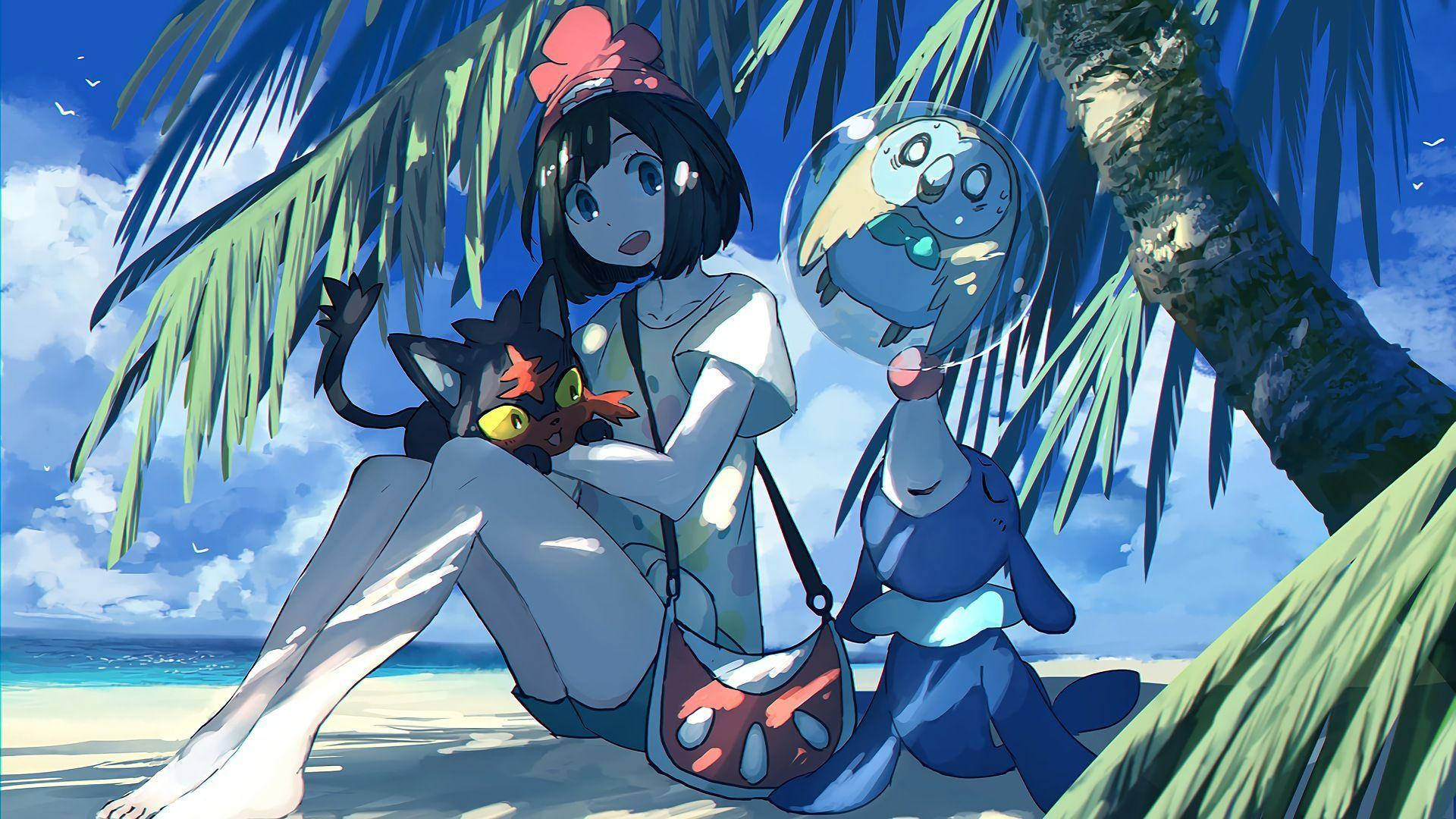 Rowlet 桌布 壁紙 — 一個年輕女孩帶著一隻黑貓和一隻藍色海豚般的生物在陽光明媚的海灘上的棕櫚樹下放鬆。