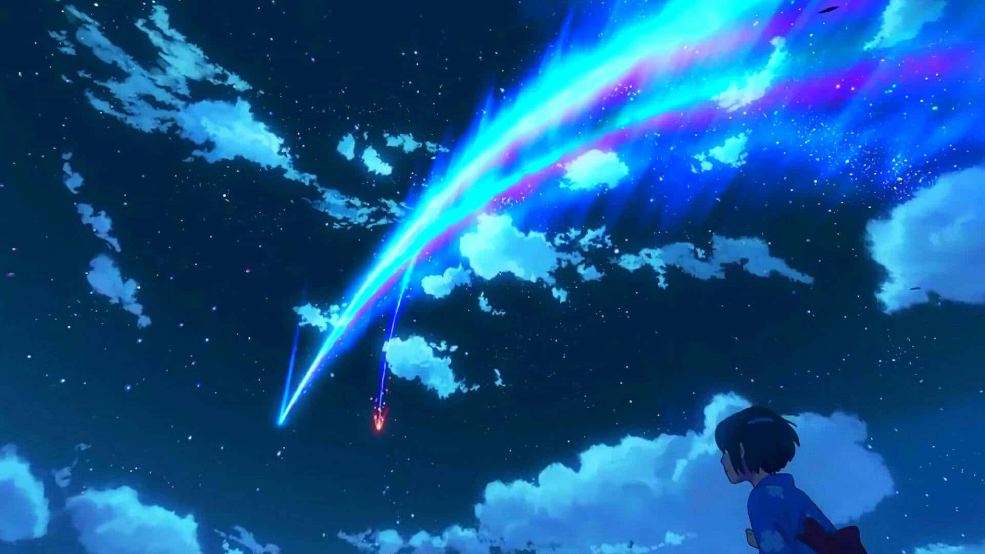 Night Anime 桌布 壁紙 — 一個年輕女孩抬頭仰望，一顆鮮豔的藍紫色彗星劃過佈滿柔軟雲朵的星空夜空。