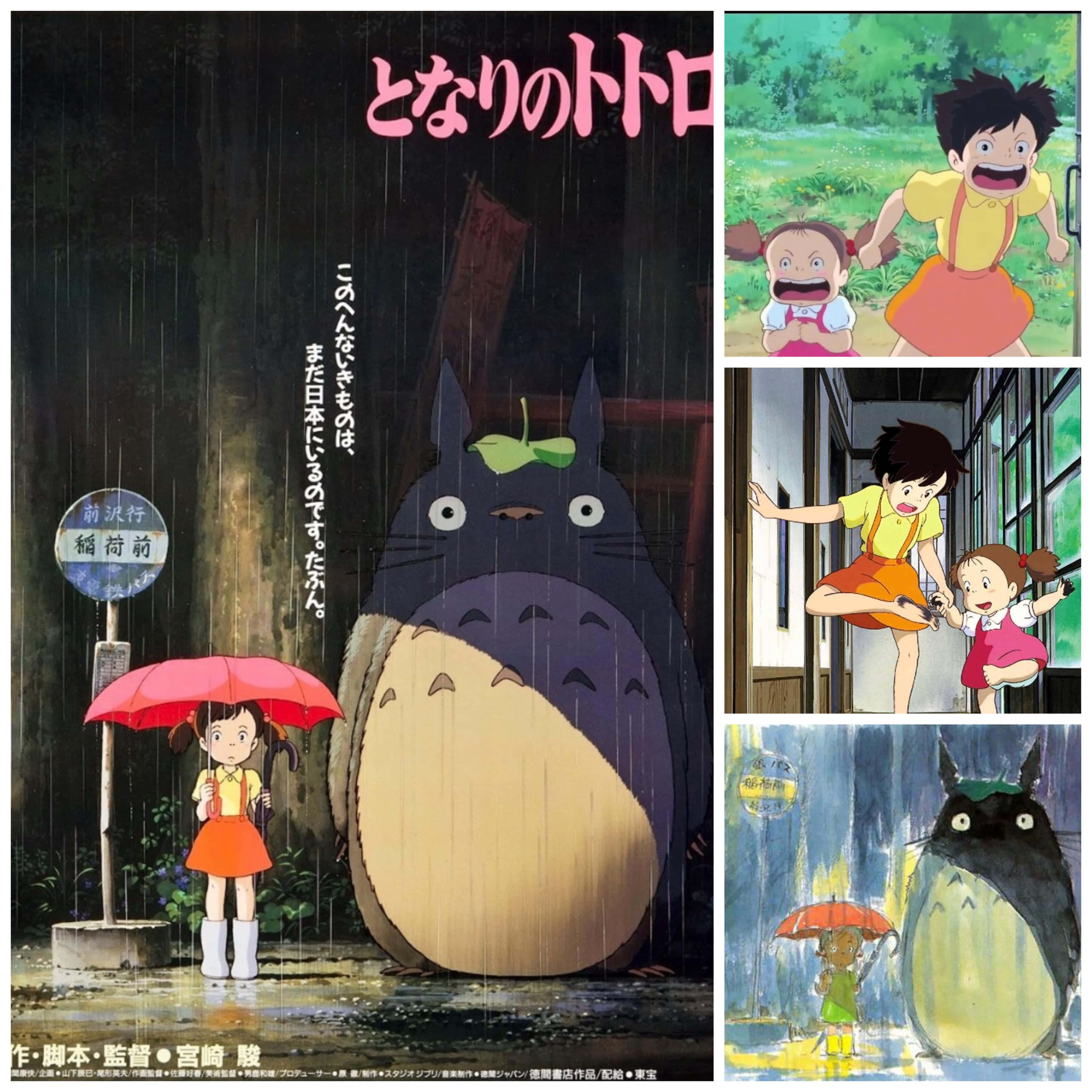 吉卜力 桌布 壁紙 — 一個年輕女孩拿著紅色雨傘，站在巨型藍色龍貓旁邊，在傾盆大雨中，在路牌下。