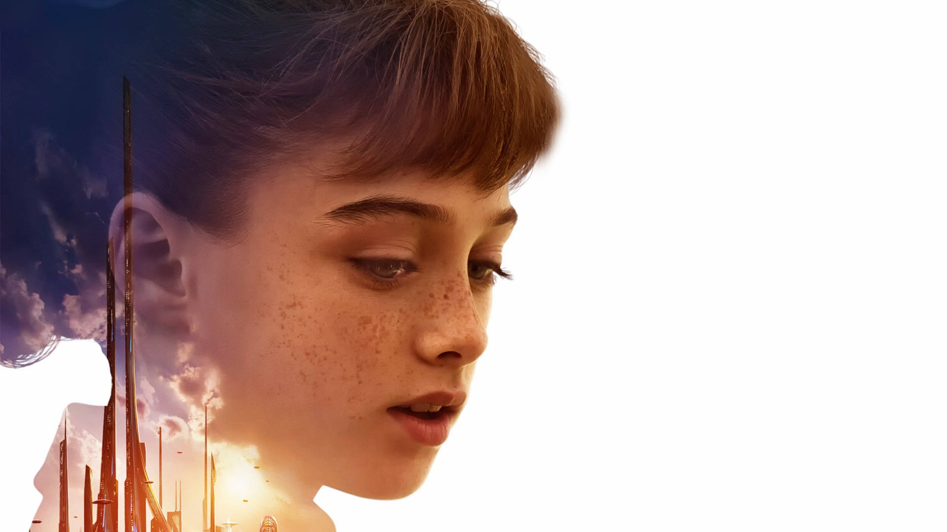 Tomorrowland Movie 桌布 壁紙 — 一個年輕女孩的側面輪廓疊加在一個熾熱的工業城市景觀上，背景是閃耀的日落天空。