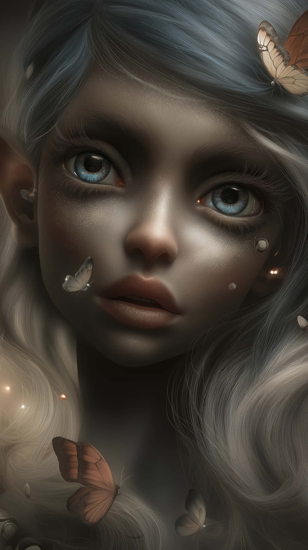 Fantasy Elf with Butterflies and Glowing Hair 壁紙 — 一個年輕女孩的特寫肖像，她擁有蒼白的皮膚、藍色的眼睛和銀色的頭髮，蝴蝶在她的臉和肩膀周圍飛舞。