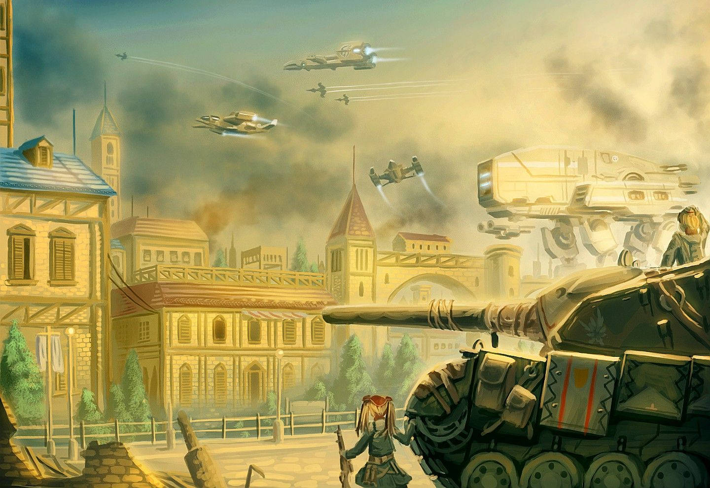 Valkyria Chronicles 桌布 壁紙 — 一個年輕女孩站在一輛坦克旁邊，身處一個被戰爭摧殘的歐洲小鎮，未來風格的飛機和巨型步行機在上空戰鬥。