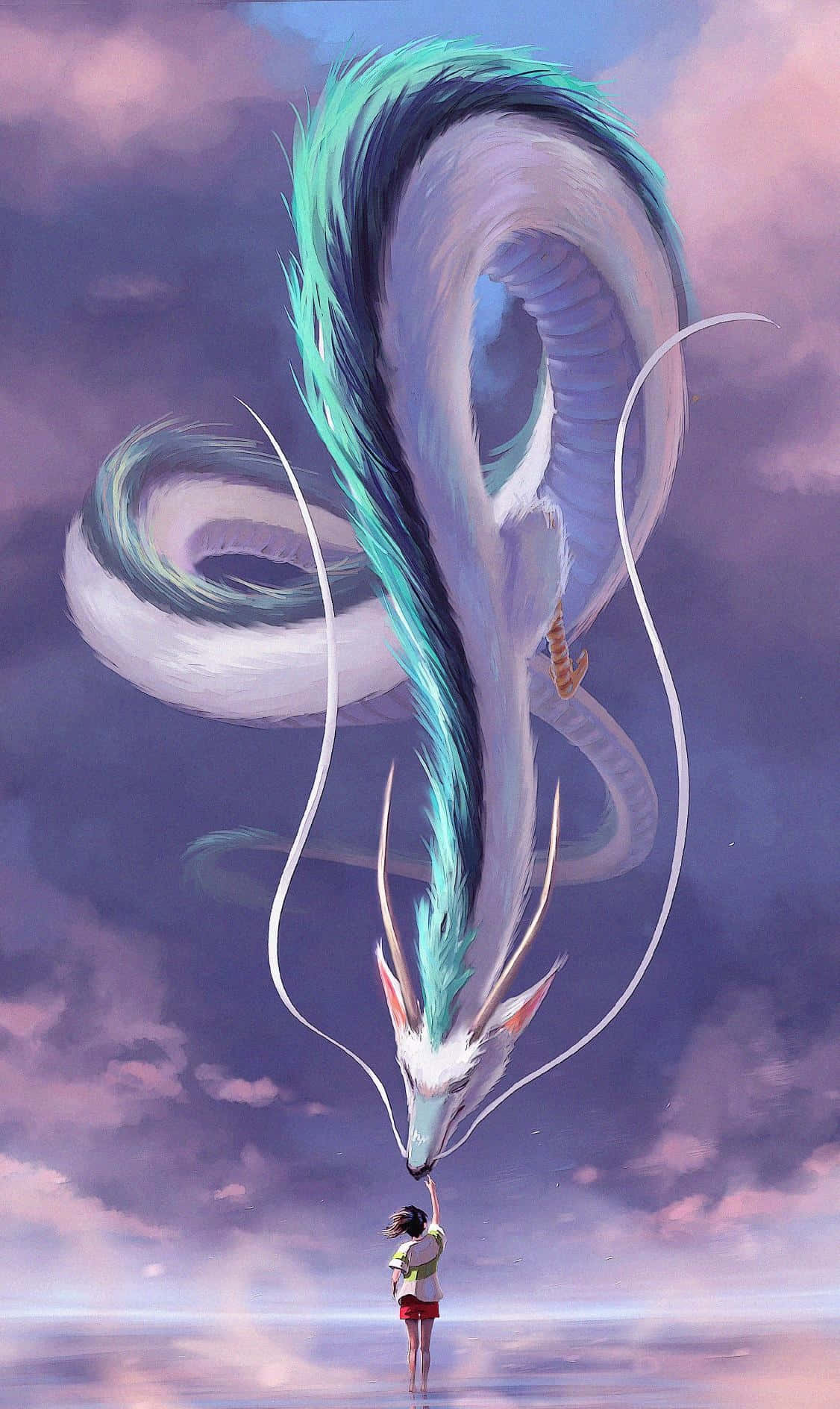 一個女孩觸摸漂浮在紫色暮色天空中的巨龍的鼻子。 — 吉卜力工作室 GIF 壁紙