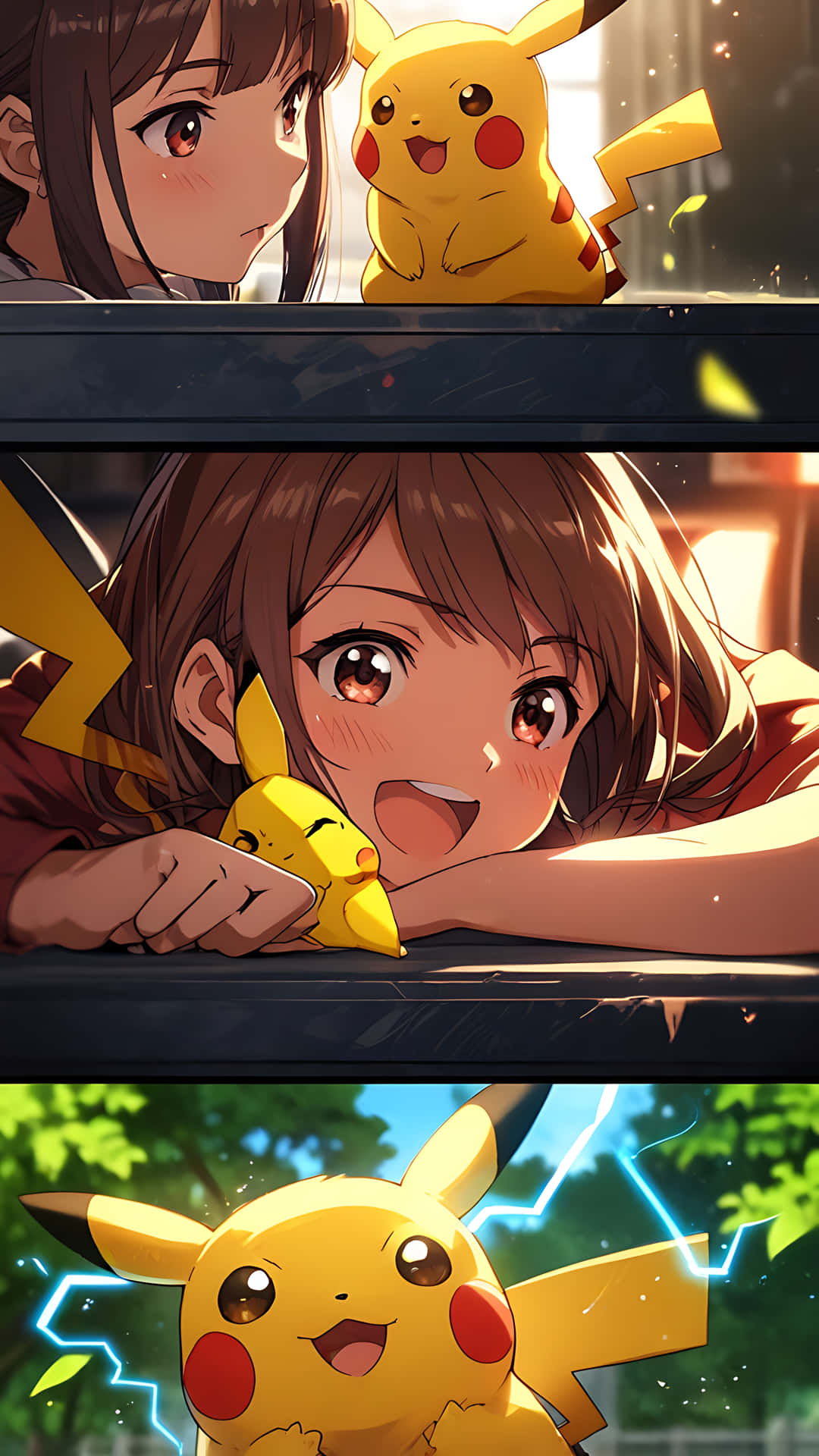 Pikachu's Electric Charm - Cute, Playful, and Bold. smartphone wallpaper 壁紙 — 一個年輕女孩與皮卡丘在三個充滿活力的動畫面板中分享快樂時刻，具有溫暖的燈光和俏皮的能量。