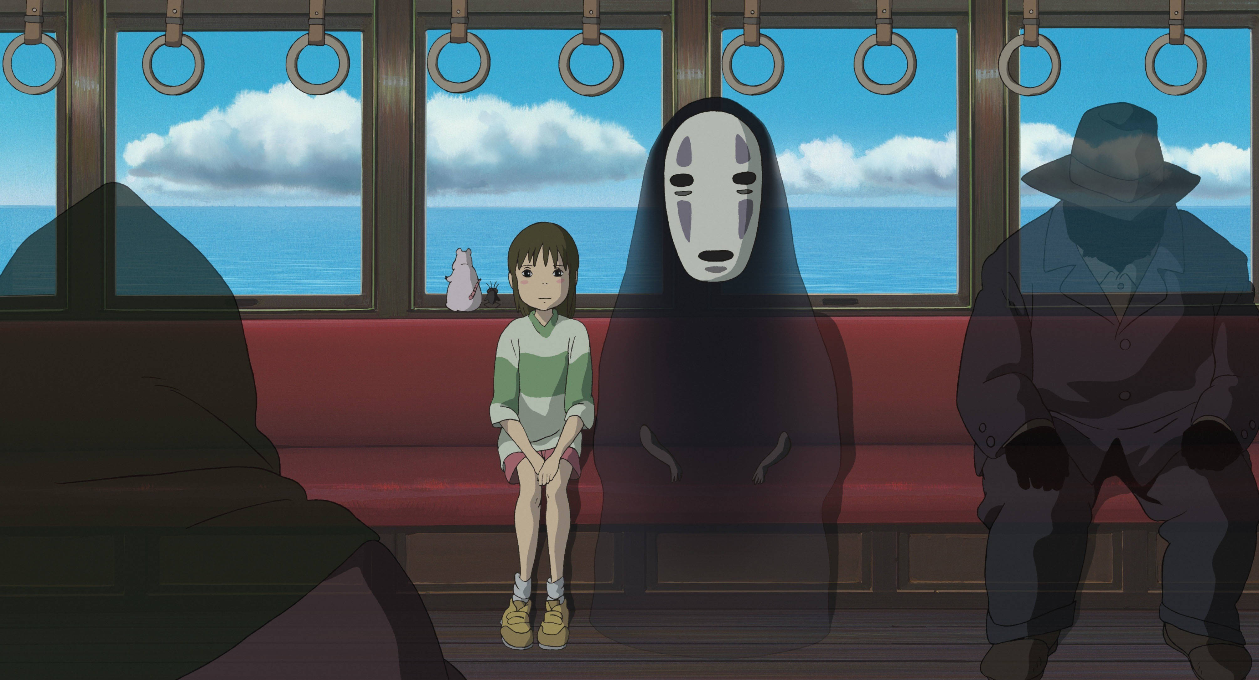 No Face 桌布 壁紙 — 一個年輕女孩靜靜地坐在沉默的無臉男旁邊，火車上有海景和神秘的乘客。
