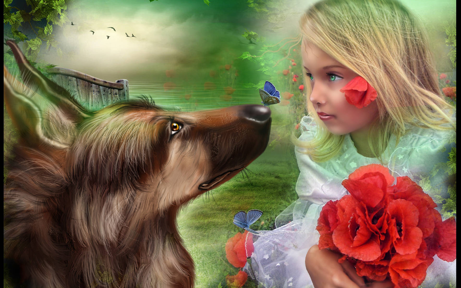 Dog And Girl 桌布 壁紙 — 一個年輕女孩頭髮上插著一朵紅玫瑰，凝視著一隻長毛狗，蝴蝶在她們周圍的茂密綠色花園中翩翩起舞。