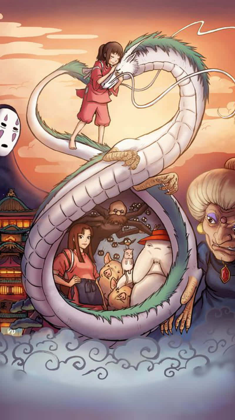 藝術 桌布 壁紙 — 一個年輕女孩騎著一條纏繞村莊的巨型白龍，而《神隱少女》中的靈魂和角色在夕陽天空下觀看。