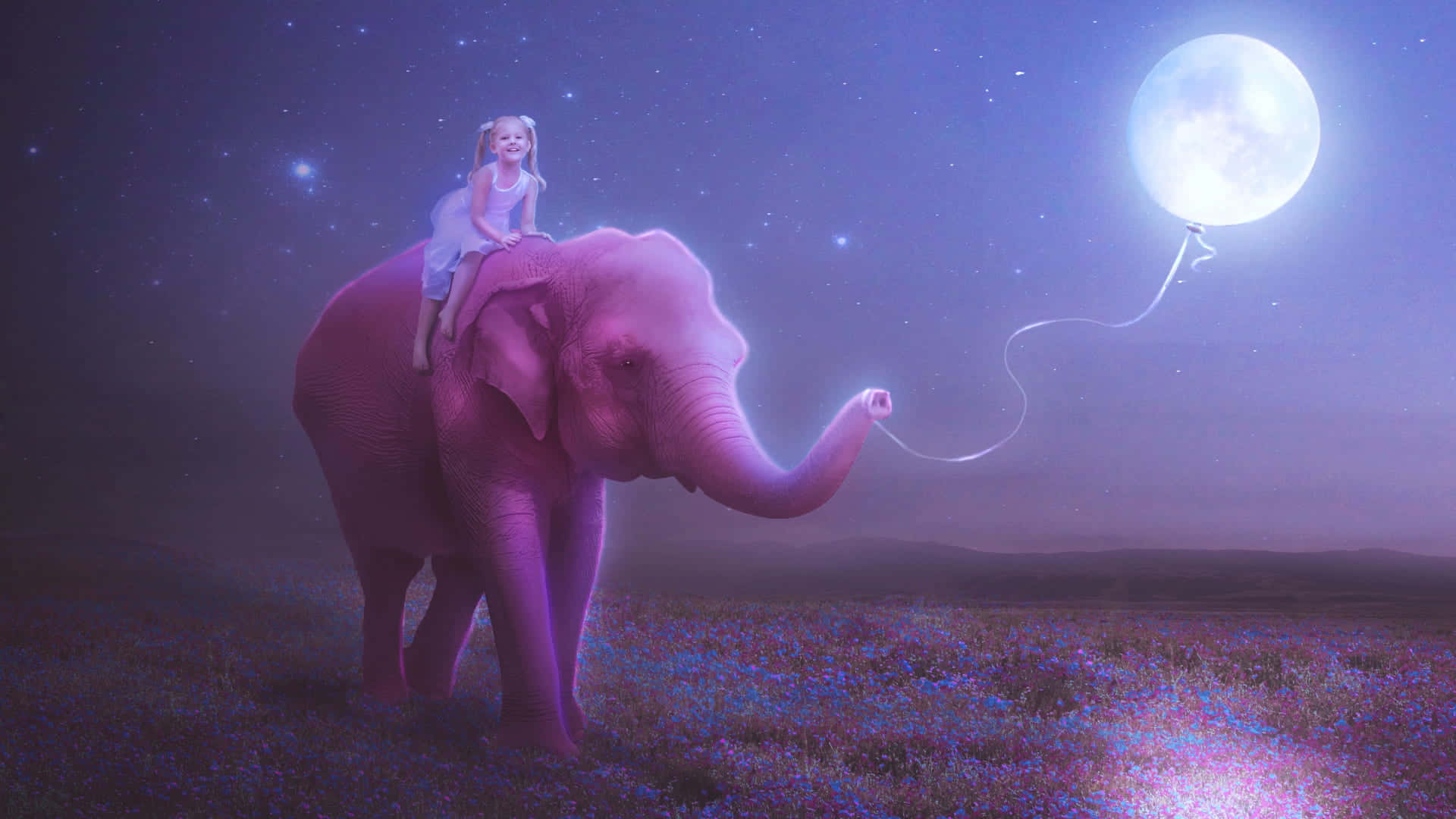 Kawaii Elephant 桌布 壁紙 — 一個年輕女孩騎著一頭發光的粉紅色大象穿過星光燦爛的紫色田野，大象拿著一個滿月形狀的氣球。