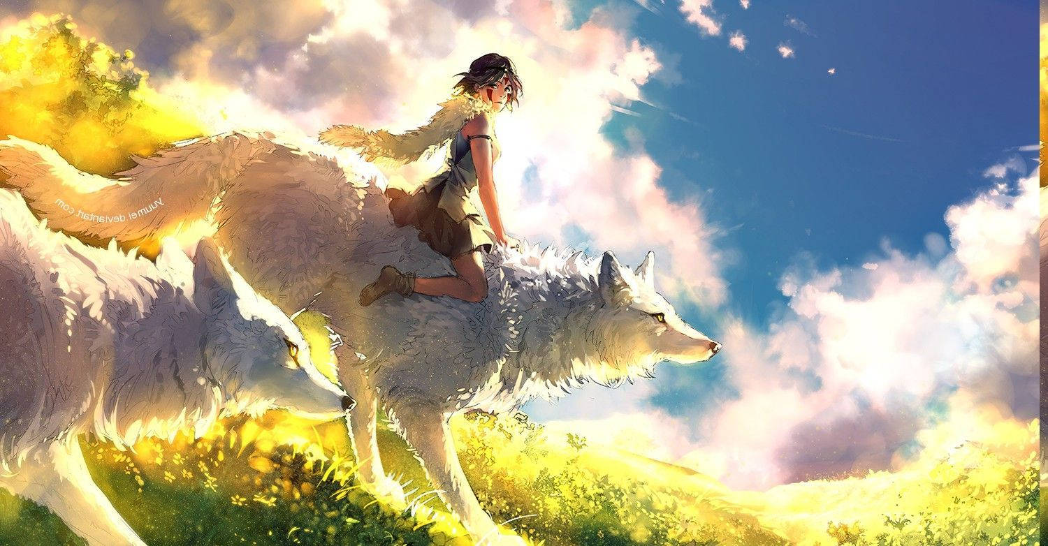 Wolf Girl 桌布 壁紙 — 一個年輕女孩騎著兩隻雄偉的白狼，穿過陽光照耀的草地山丘，天空充滿活力，雲彩金黃。
