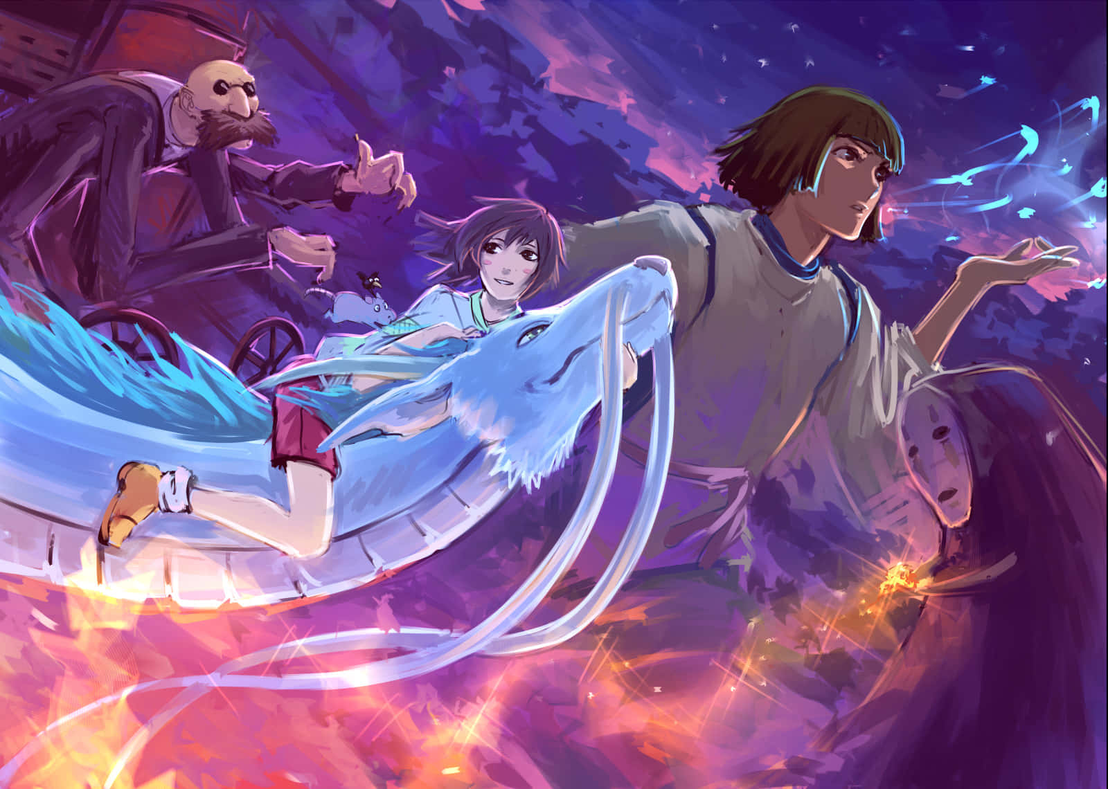 Aesthetic Ghibli 桌布 壁紙 — 一個年輕女孩騎著發光的藍色龍穿過火熱的天空，而一個戴面具的人物和一個老人從後面觀看。