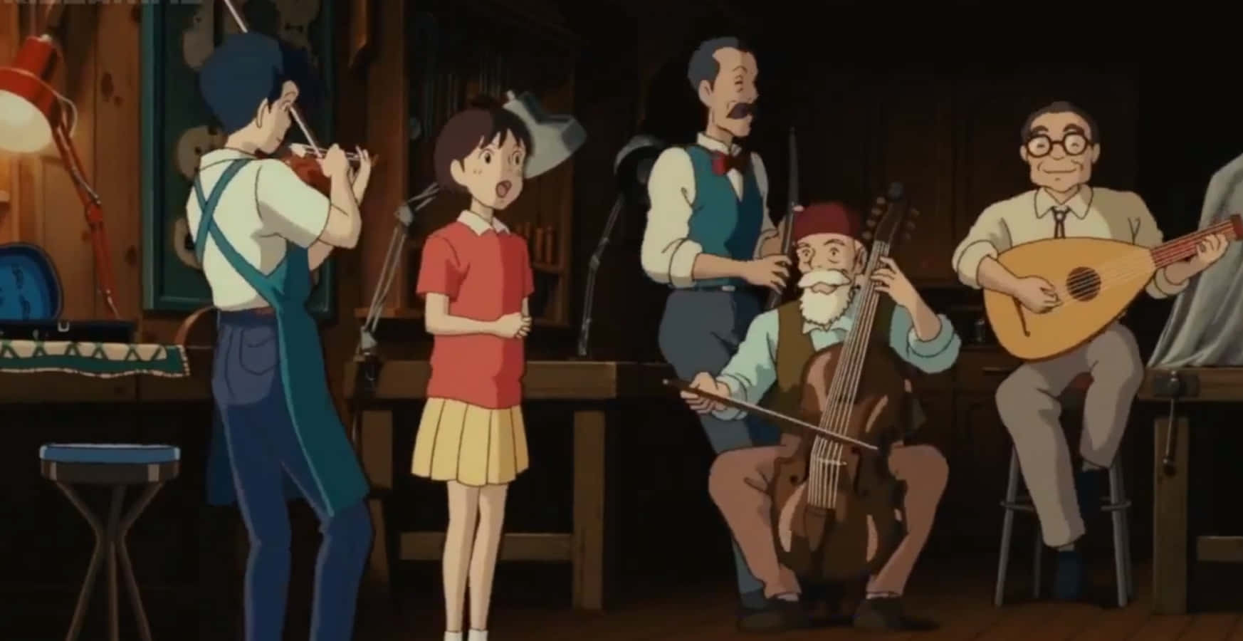 Whisper Of The Heart 桌布 壁紙 — 一個年輕女孩驚訝地站著，看著音樂家在溫暖照明的木質房間裡演奏樂器。