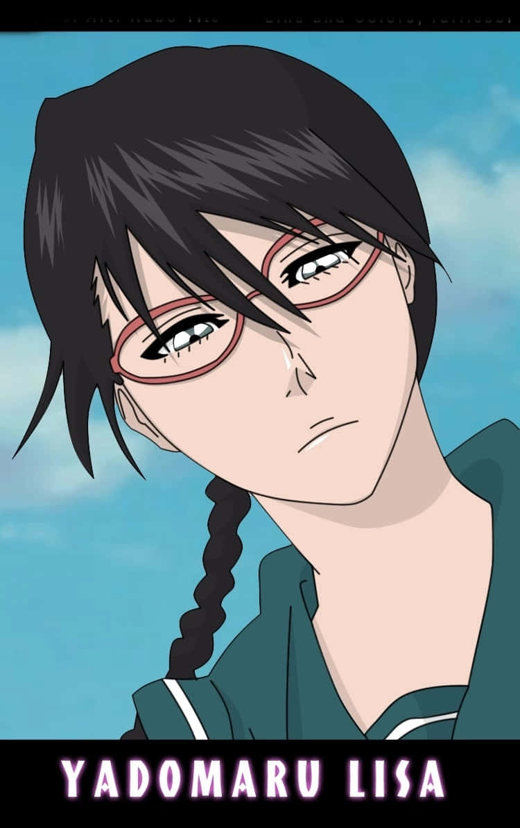 Lisa Yadomaru 桌布 壁紙 — 一個年輕女性的近距離動畫肖像，她有深色頭髮紮成辮子，戴著紅色框眼鏡，背景是藍天。