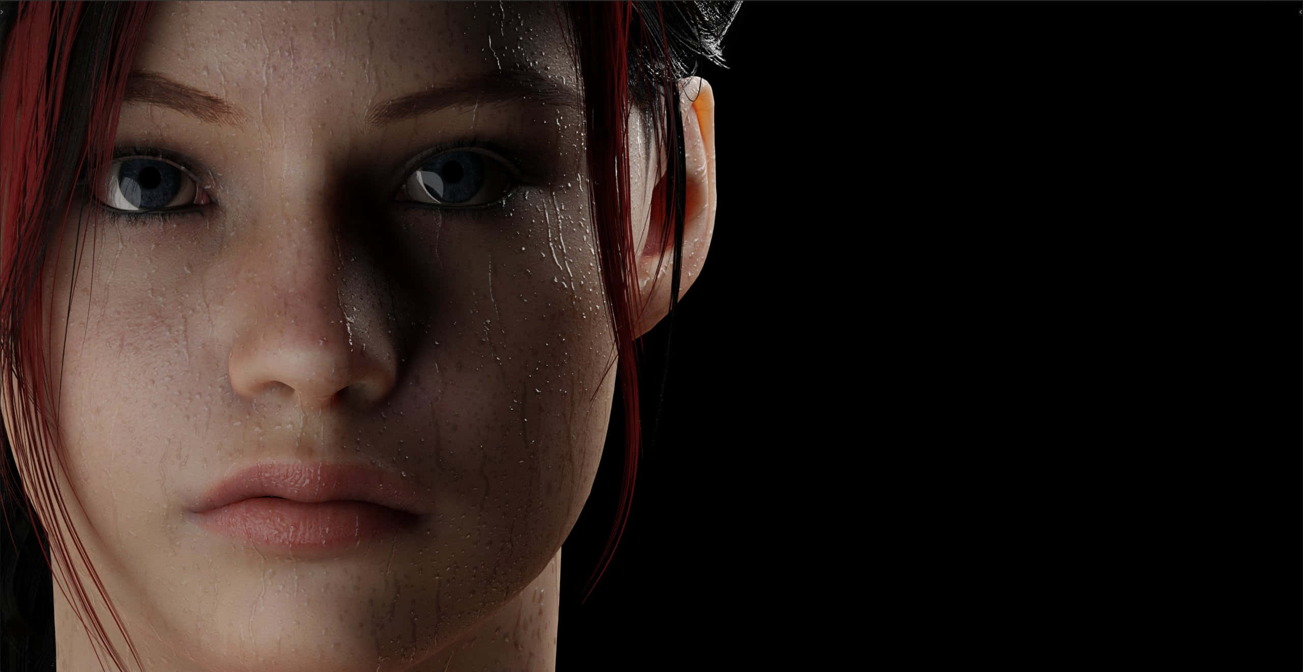 Resident Evil Characters 桌布 壁紙 — 一個年輕女性紅髮藍眼的特寫，汗水在 stark 黑色背景下閃閃發光。