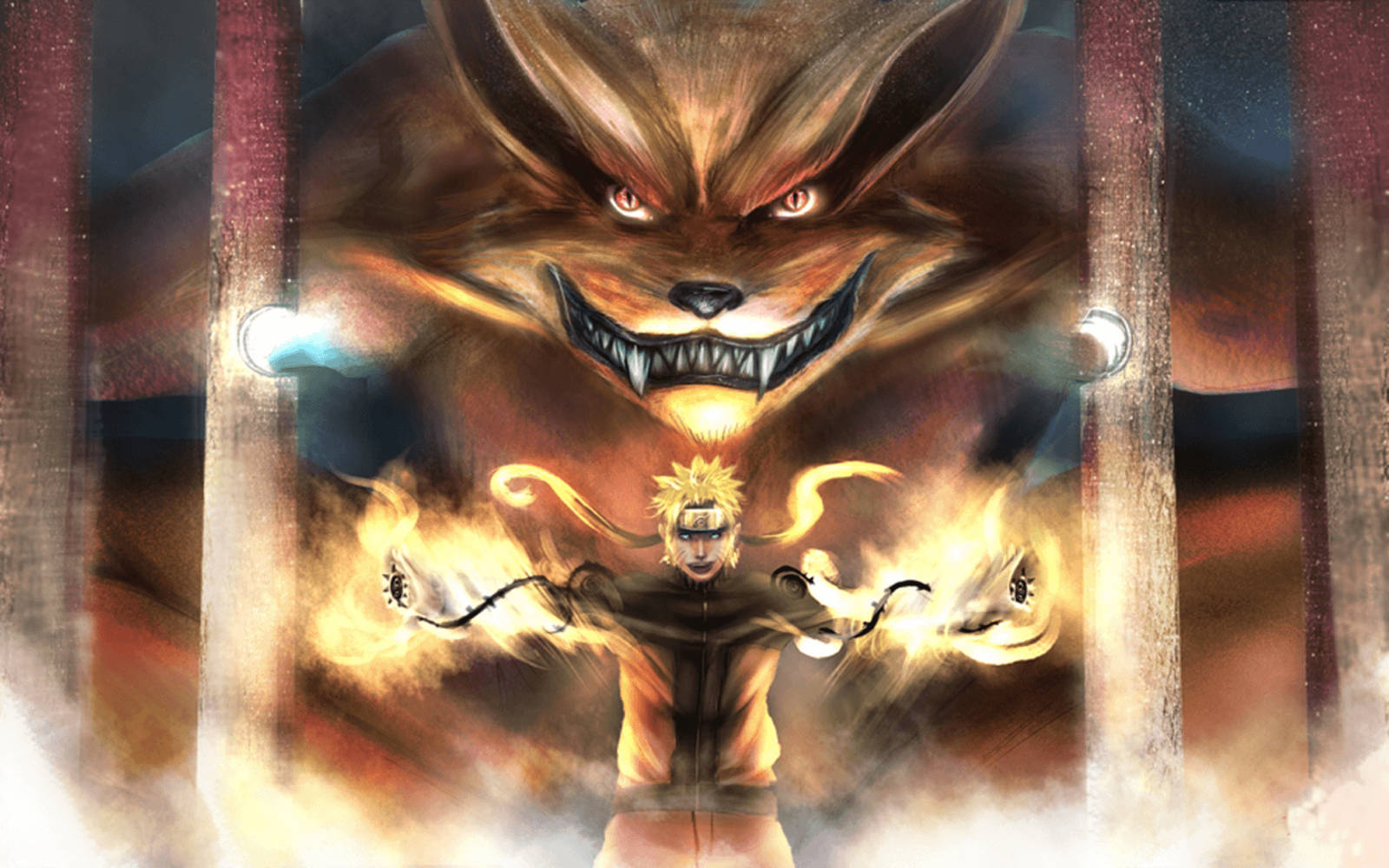 Kurama 桌布 壁紙 — 一個年輕忍者凝聚查克拉，身後一隻巨大的九尾狐在熾熱戲劇性的動漫場景中聳立。