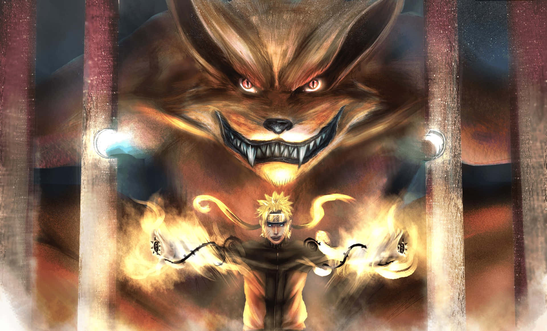Naruto Anime 桌布 壁紙 — 一個年輕忍者挑釁地站在一隻擁有發光紅眼和火焰查克拉的巨大九尾狐面前。
