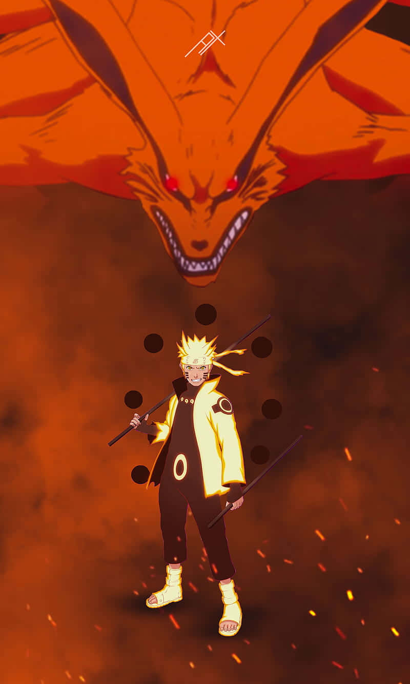Kurama 桌布 壁紙 — 一個年輕忍者挑釁地站在一隻擁有發光紅眼的巨大橙色九尾狐面前。
