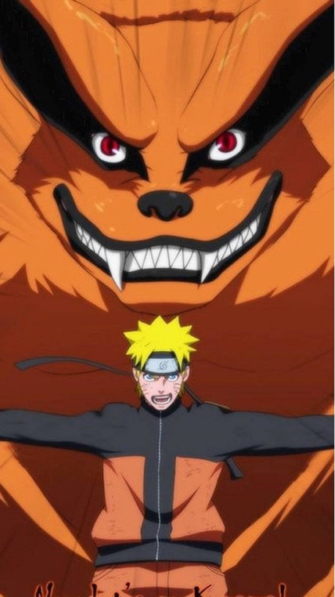 Kurama 桌布 壁紙 — 一個年輕忍者挑釁地站在他巨大的橙色九尾狐形態前，雙眼發出紅光。