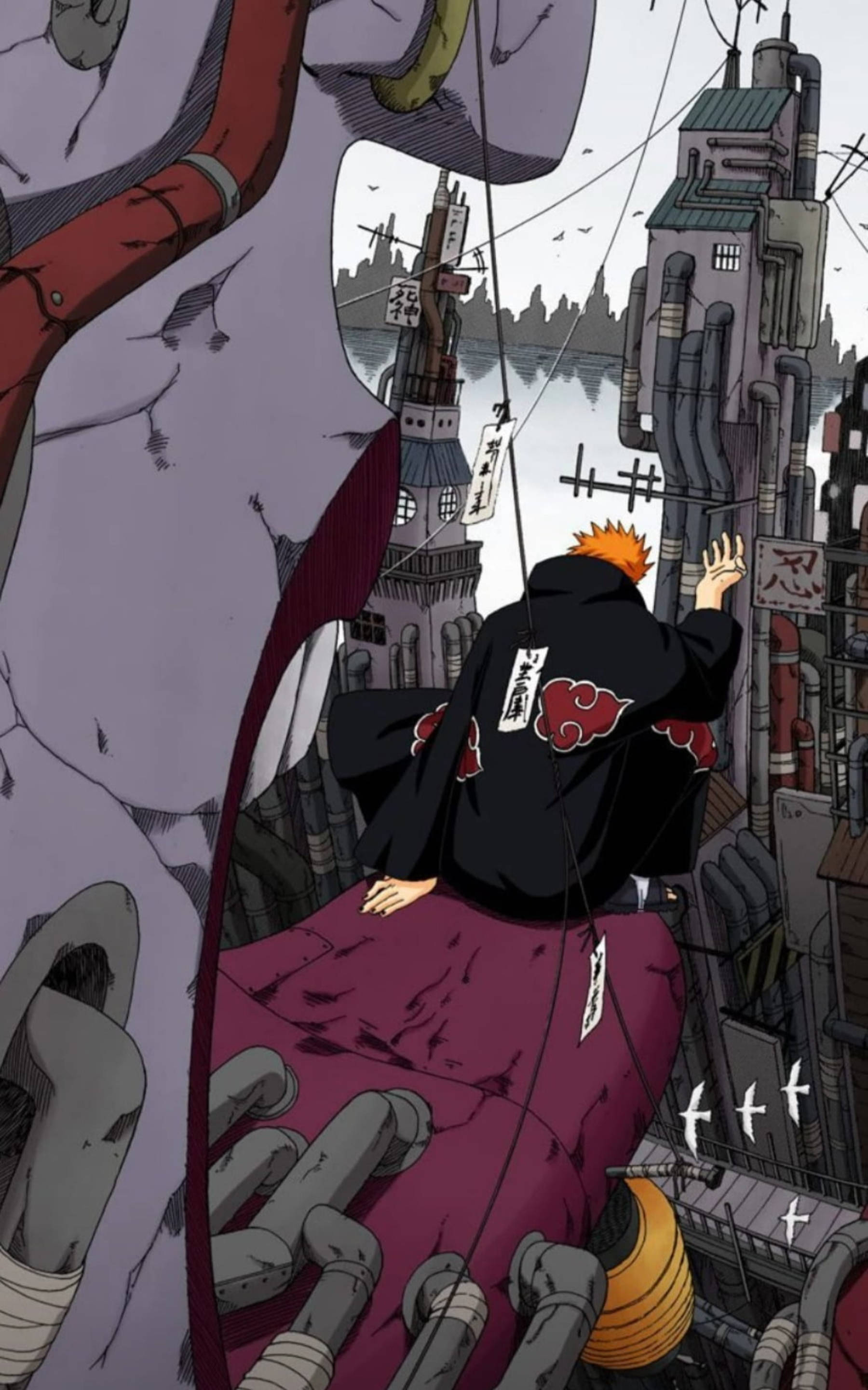 akatsuki phone 桌布 壁紙 — 一個年輕忍者穿著帶有紅色雲紋的黑色斗篷，在廢墟城市中緊緊抓住一隻巨大的紫色手。