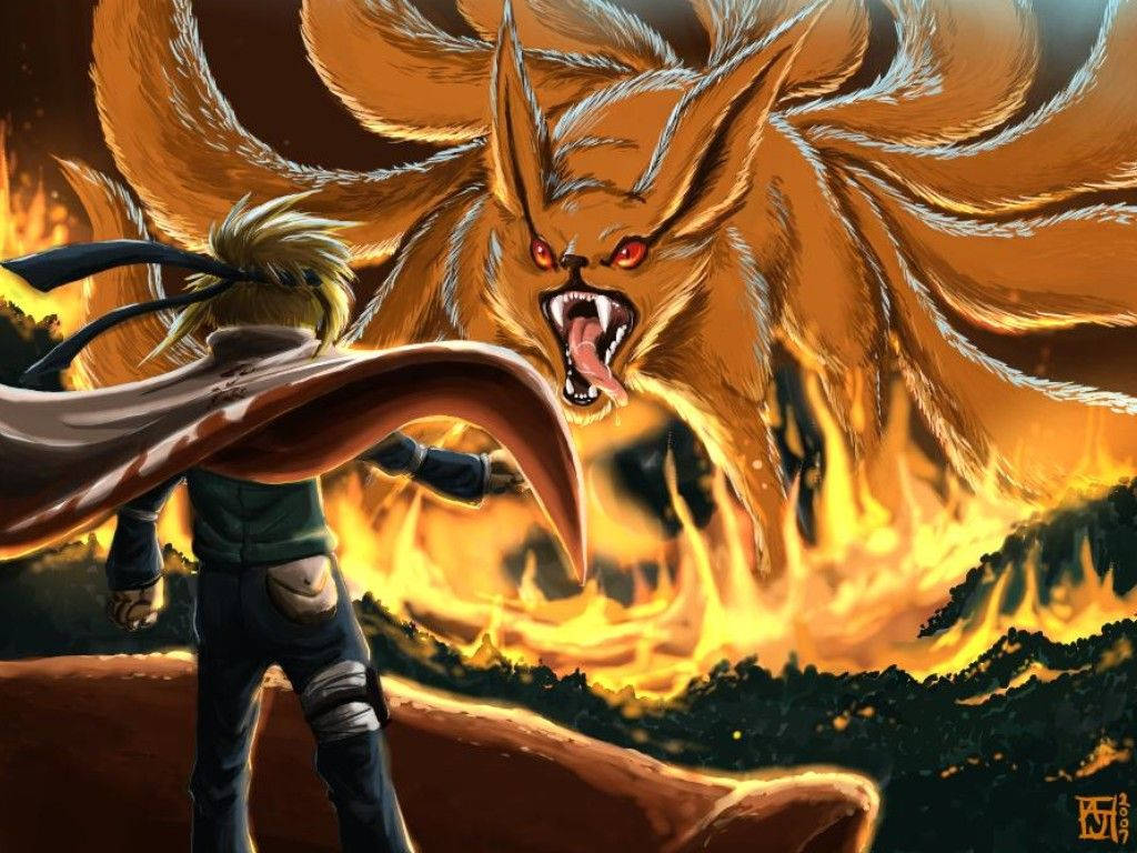 忍者與九尾狐妖在激烈的戰鬥場景中對峙。 — 酷 naruto 壁紙