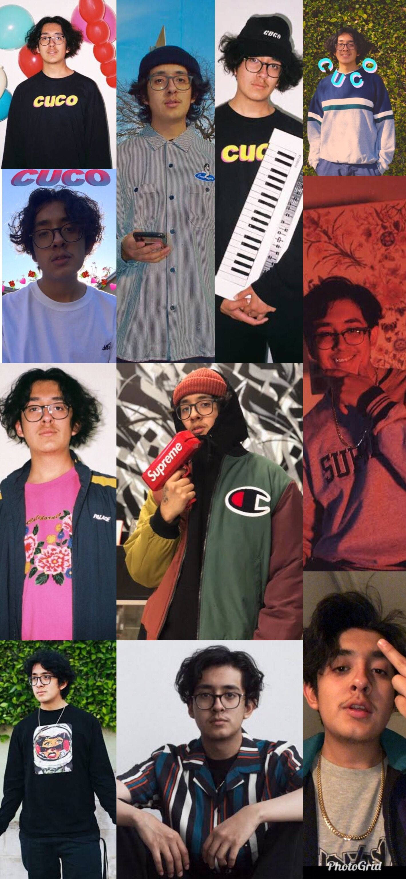 Cuco 桌布 壁紙 — 一個年輕男子以不同服裝和姿勢在色彩繽紛的城市背景下的拼貼畫。