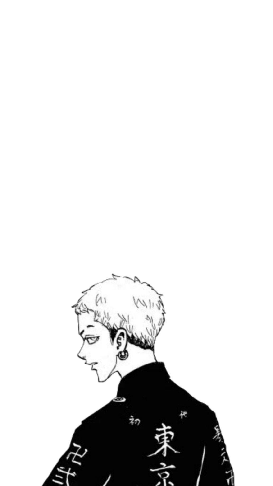 takashi mitsuya 桌布 壁紙 — 一個年輕男子側面輪廓的極簡黑白線條插圖，穿著帶有日文字的外套。