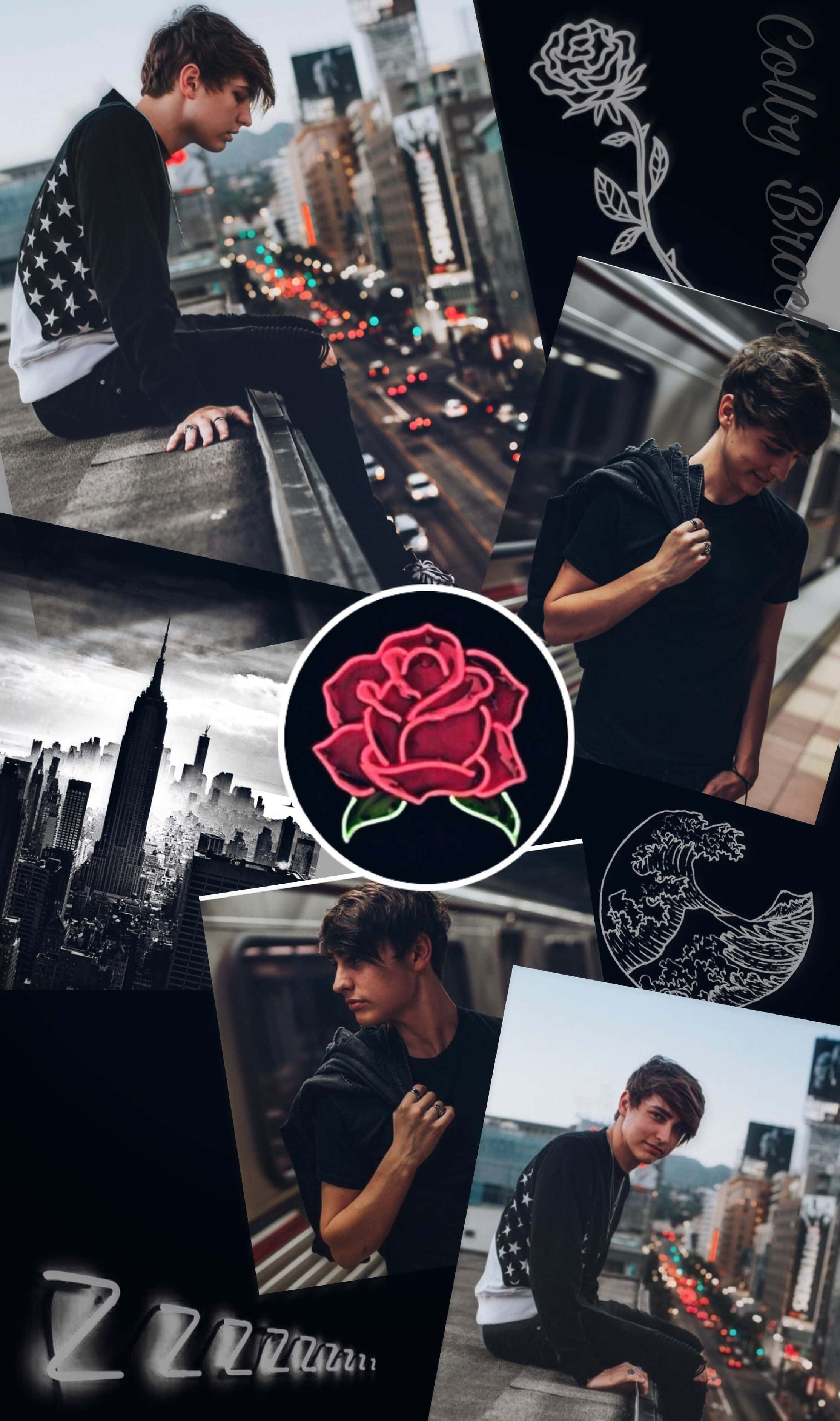 Colby Brock 桌布 壁紙 — 一個年輕男子在城市環境中的拼貼畫，帶有發光的粉紅玫瑰和黑白城市景觀元素。