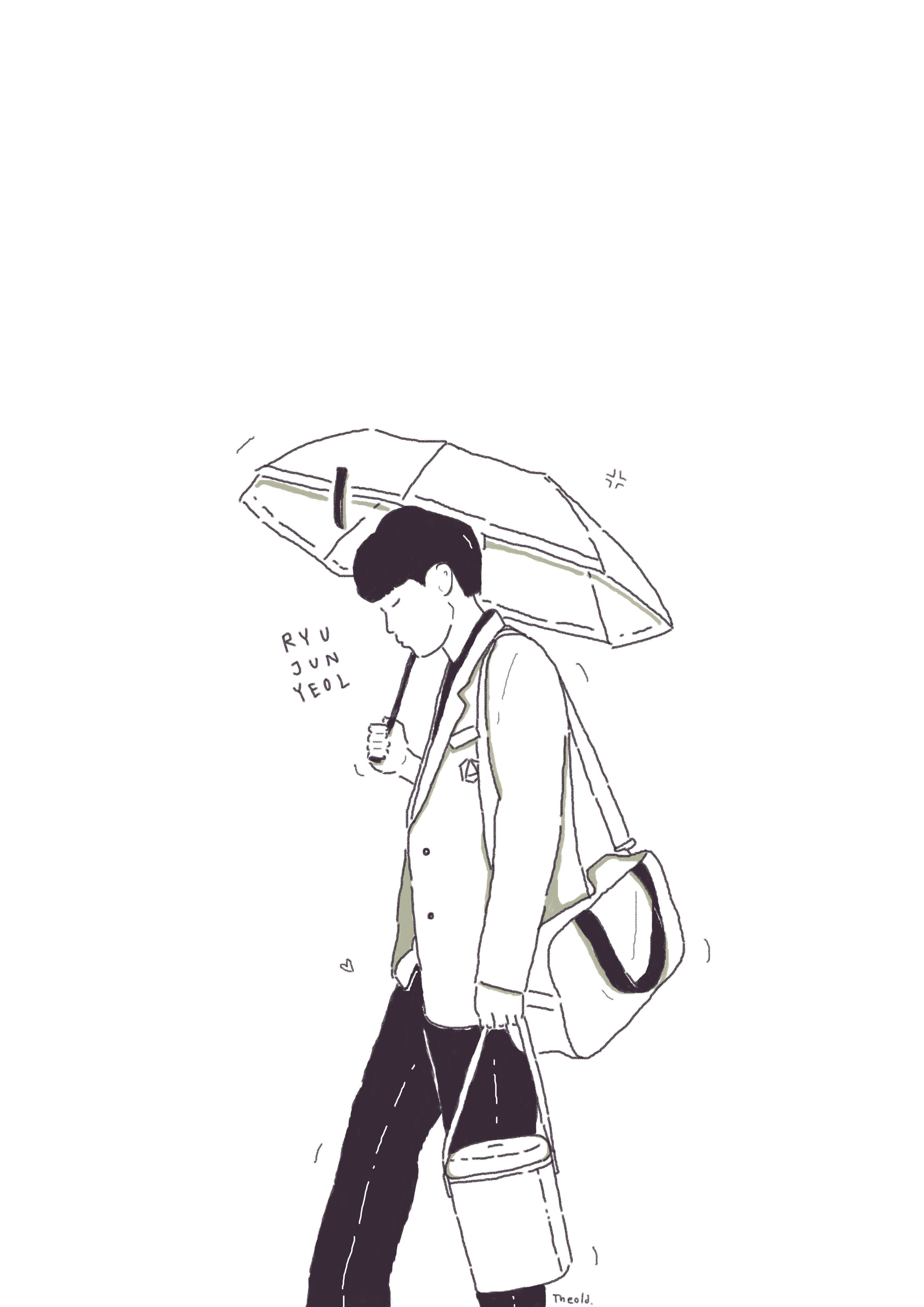 Reply 1988 桌布 壁紙 — 一個年輕男子在白天下拿著雨傘和水桶行走的極簡線條藝術插圖。