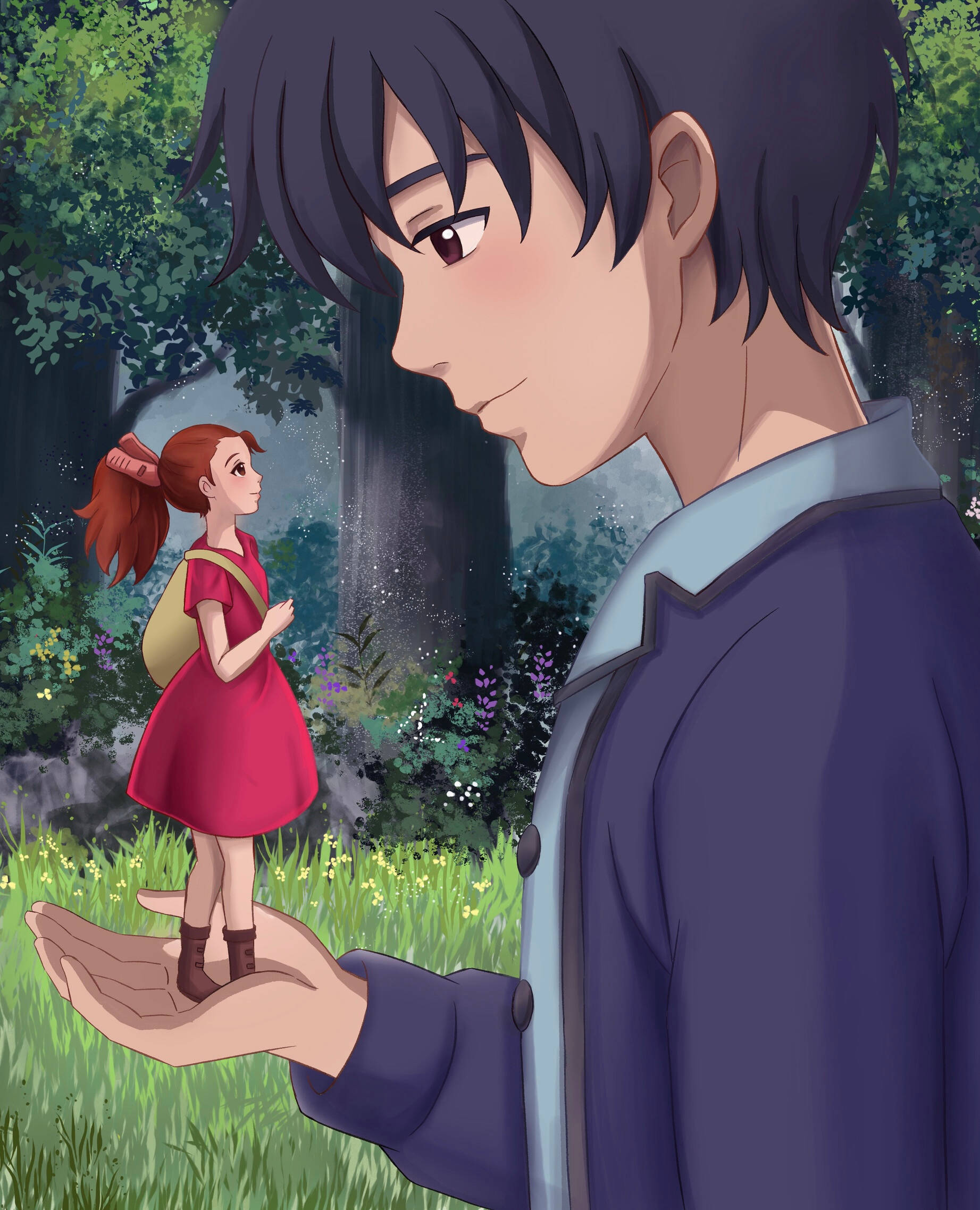 Arrietty 桌布 壁紙 — 一個年輕男子在茂密的森林中，輕輕地將一個小女孩捧在掌心，周圍有發光的花朵和柔和的光線。