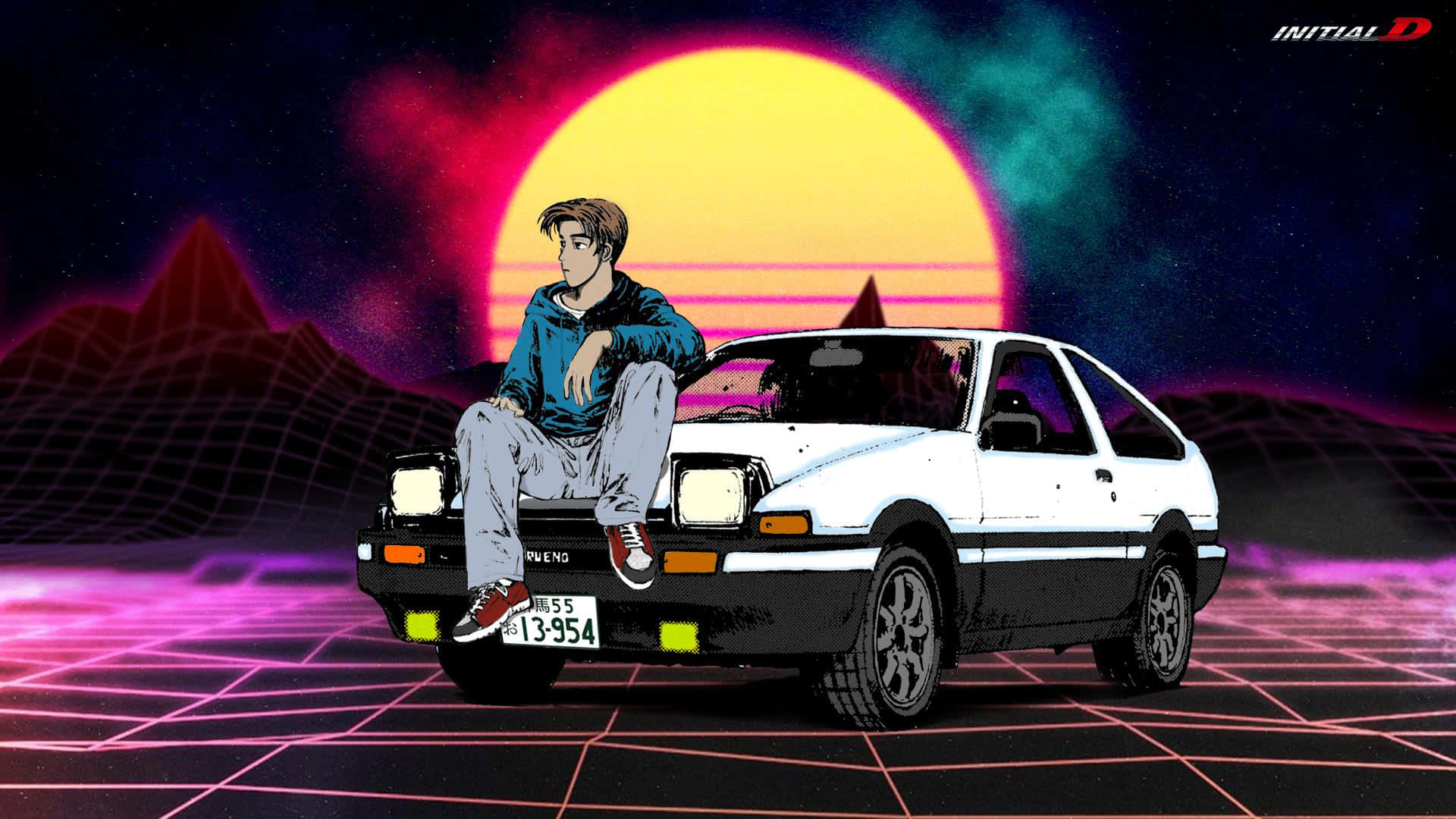 頭文字D 桌布 壁紙 — 一個年輕男子坐在白色AE86跑車上，背景是霓虹日落、網格圖案地面和風格化的山脈。
