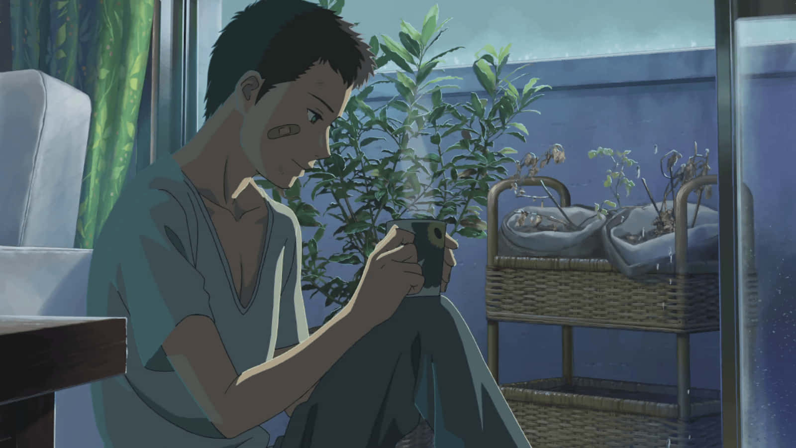 Sad Aesthetic Anime 桌布 壁紙 — 一個年輕男子坐在窗邊，手持馬克杯，柔和光線穿過綠色窗簾和植物。
