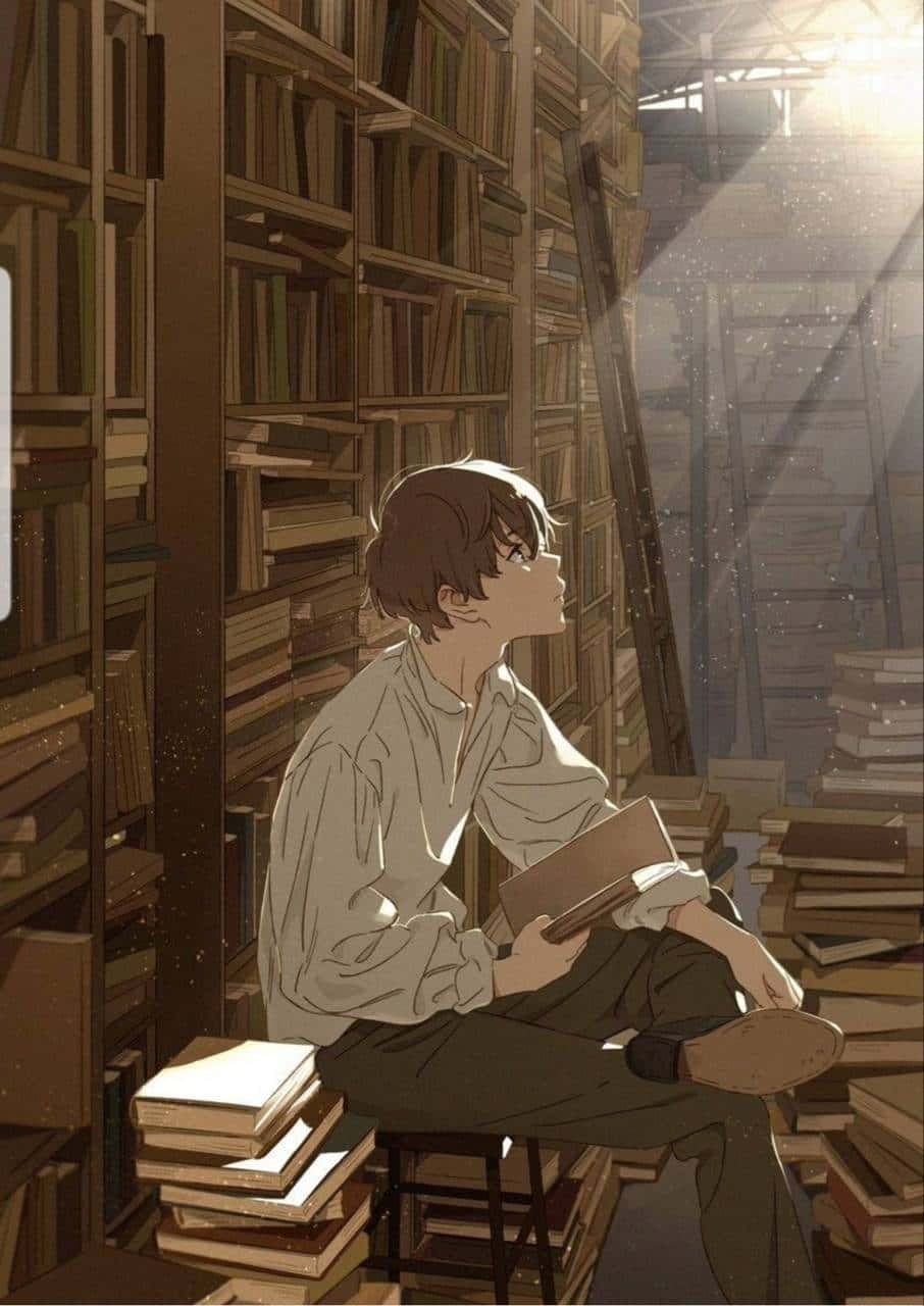 Animated 桌布 壁紙 — 一個年輕男子坐在陽光普照的圖書館裡的凳子上，四周是高聳的書架和堆疊的書籍，仰望從天花板穿透而來的金色光線。