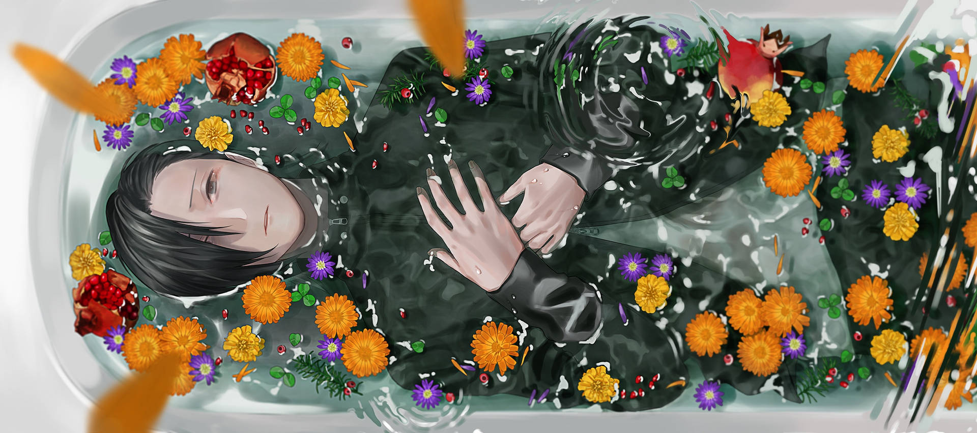 動畫男子漂浮在浴缸中，水中有色彩繽紛的花朵。 — 咒術迴戰 4K GIF 壁紙