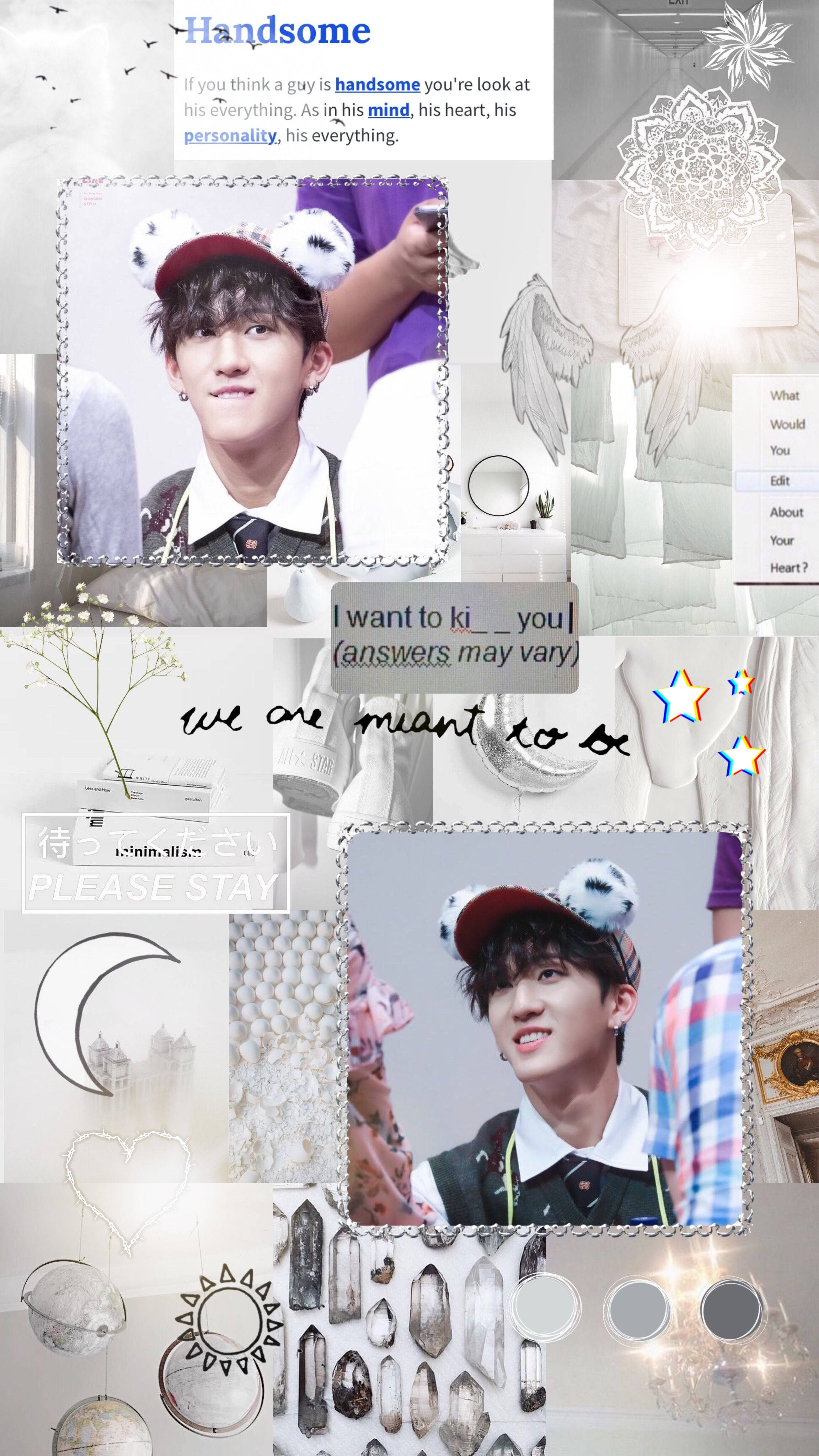Changbin 桌布 壁紙 — 一個年輕男子戴著紅色帽子，帽子上有蓬鬆的白色耳朵，周圍環繞著浪漫的文字和白色及銀色裝飾元素的拼貼畫。