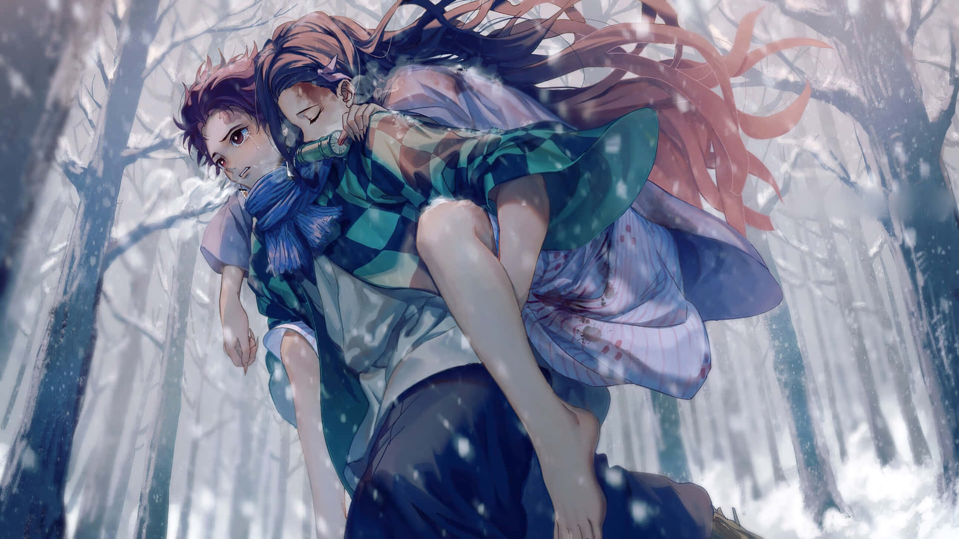  壁紙 — 一個年輕男子抱著一個受傷的女孩穿過白雪覆蓋的森林，雪花在他們周圍飄落。