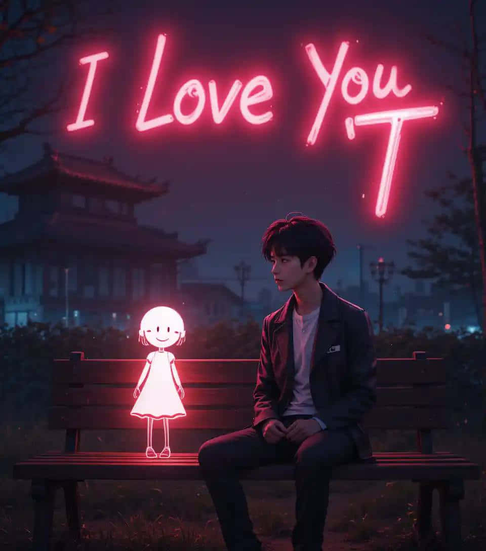 Cute boy with one side love night pictures 壁紙 — 一個年輕男子晚上坐在長椅上，頭頂是發光的粉紅色霓虹燈牌，寫著 I Love You，旁邊站著一個發光的卡通女孩。