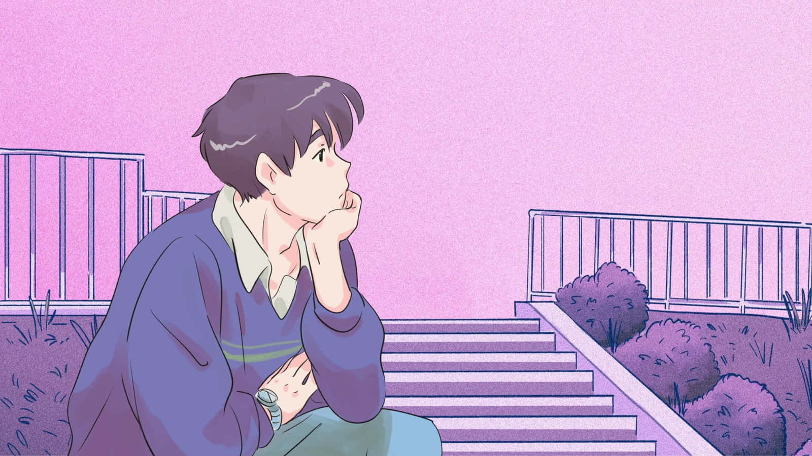 Desktop Pink Aesthetic 桌布 壁紙 — 一個年輕男子沉思地坐在紫色樓梯上，抱著一隻貓，背景是柔和的粉紅色。