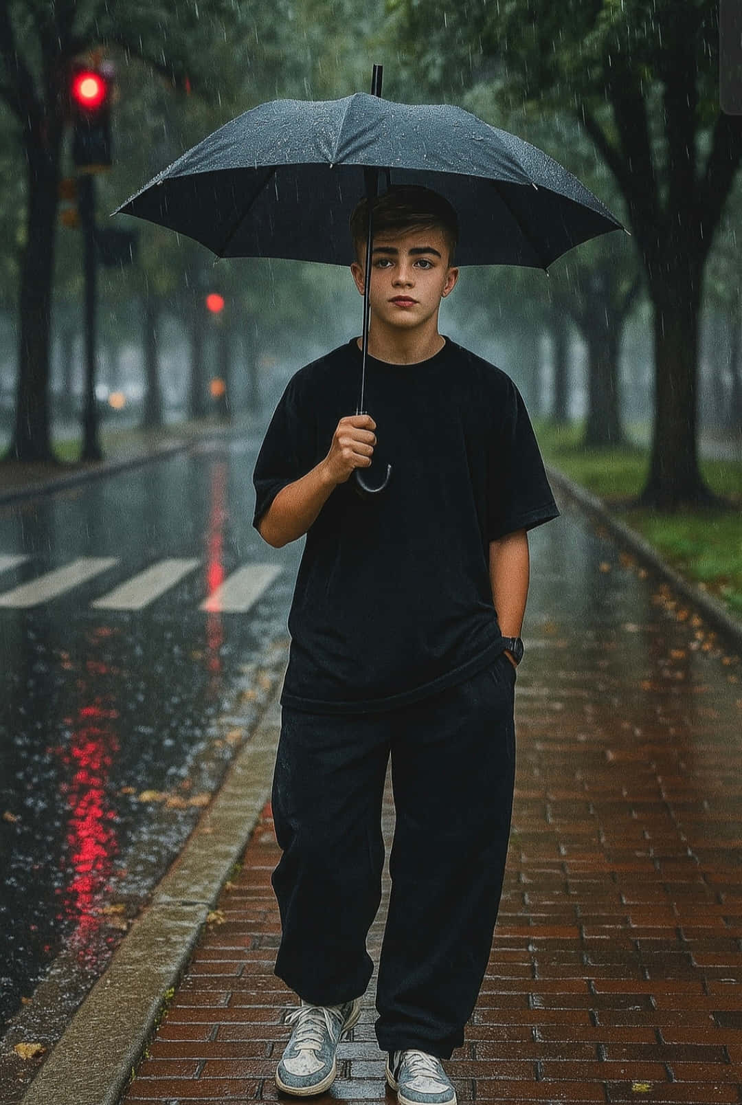 Walking Through the Rain 壁紙 — 一個年輕男子獨自撐著黑傘，走在濕漉漉的磚砌人行道上，背景是亮著紅燈的交通號誌。