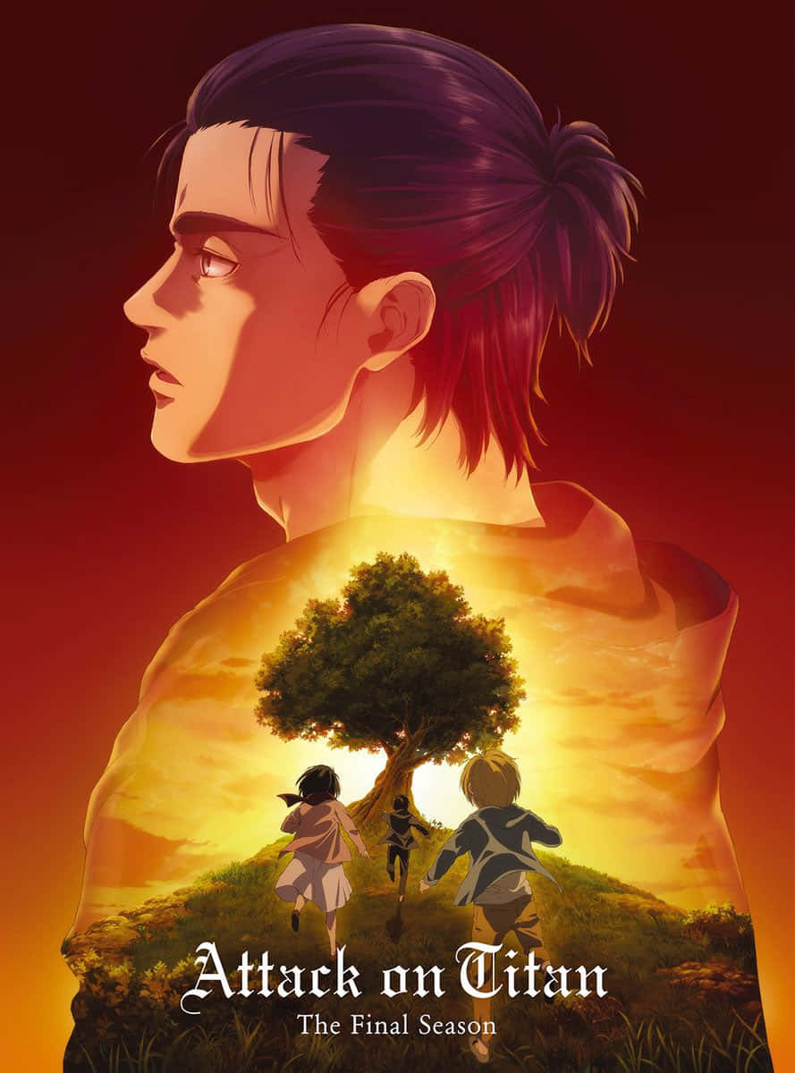 Attack On Titan The Final Season 桌布 壁紙 — 一個年輕男子的剪影框住了一個日落場景，三個孩子跑向山丘上的一棵樹。